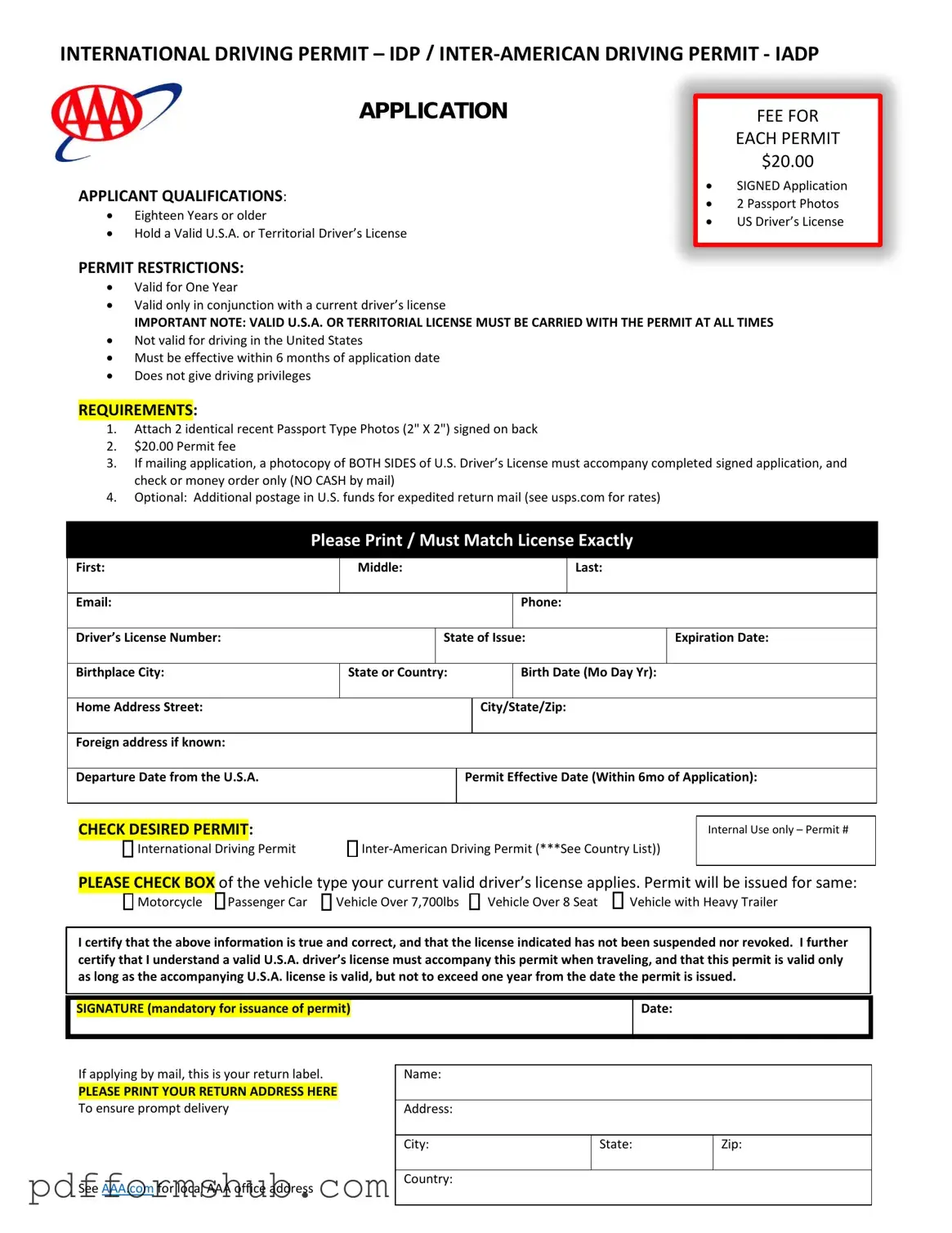 Fill in Your Aaa International Driving Permit Application Form
