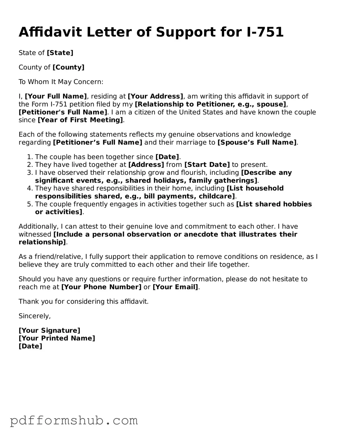 Valid Affidavit Letter of Support for I-751 Form