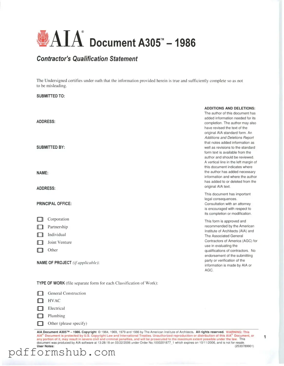 Fill in Your AIA A305 Form