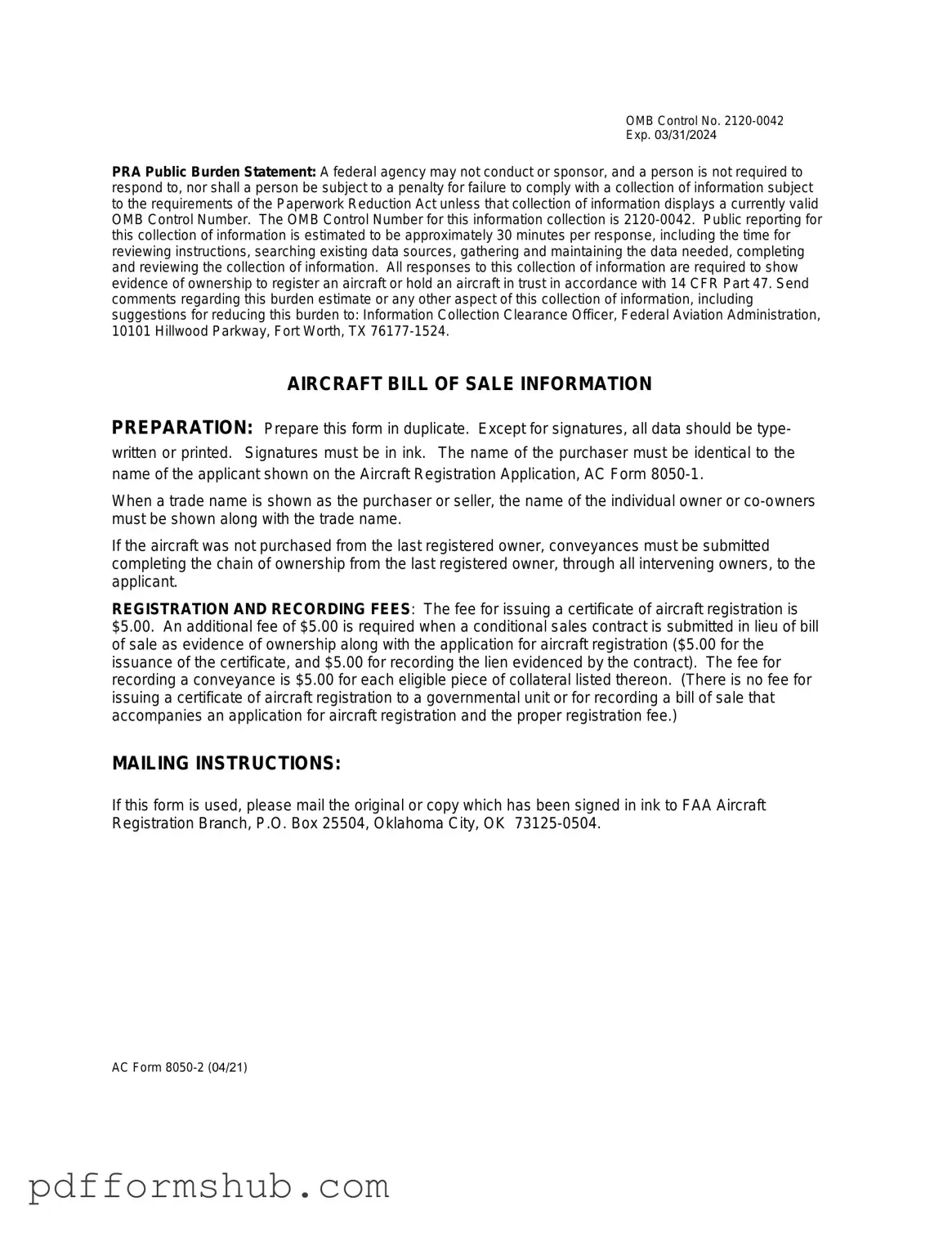 Fill in Your Aircraft Bill of Sale AC 8050-2 Form