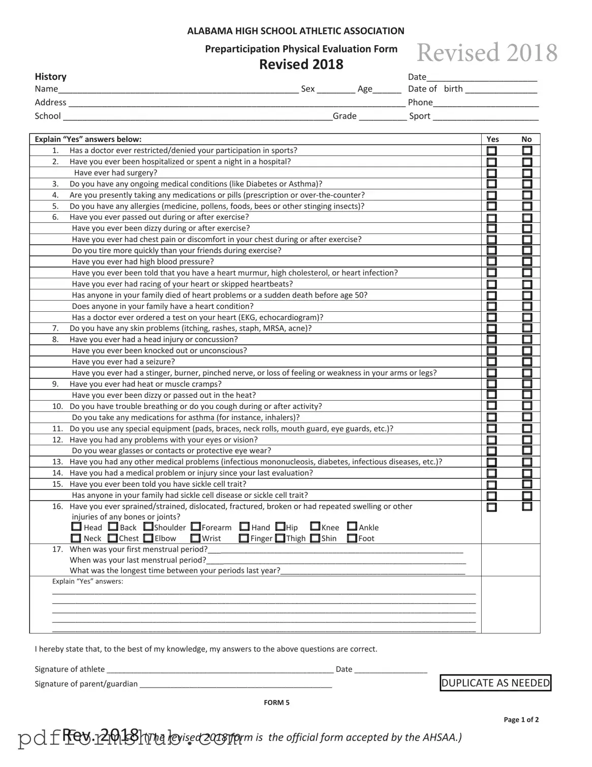 Fill in Your Alabama High School Physical Form