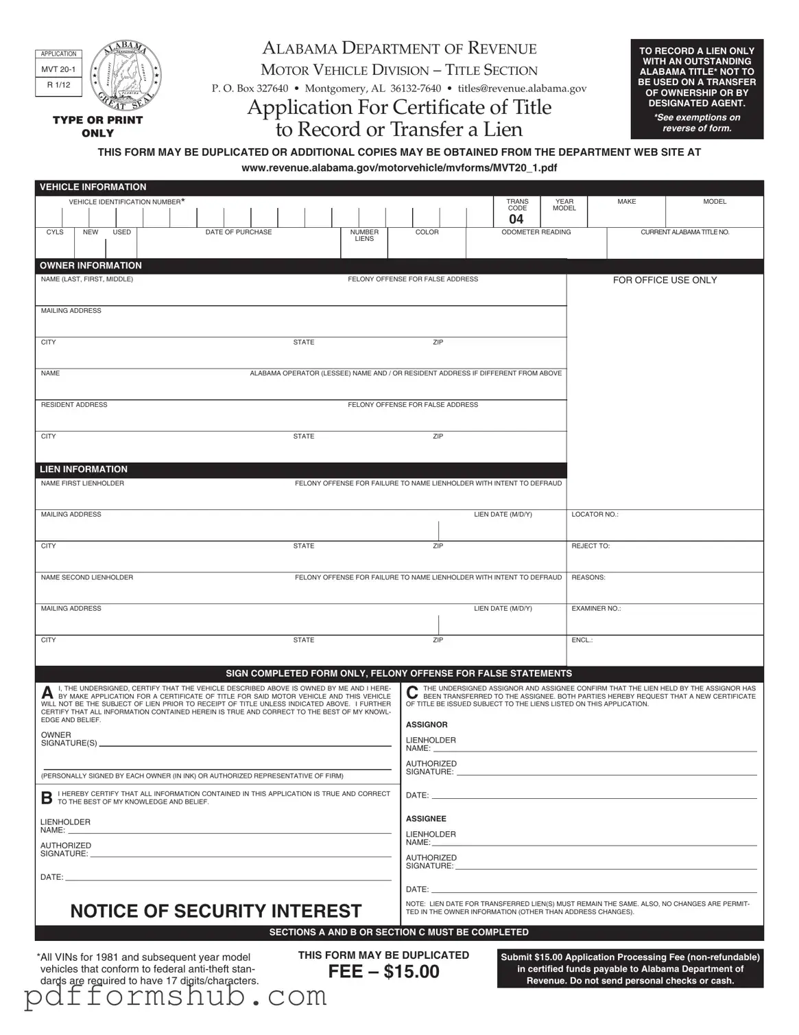 Fill in Your Alabama Mvt 20 1 Form