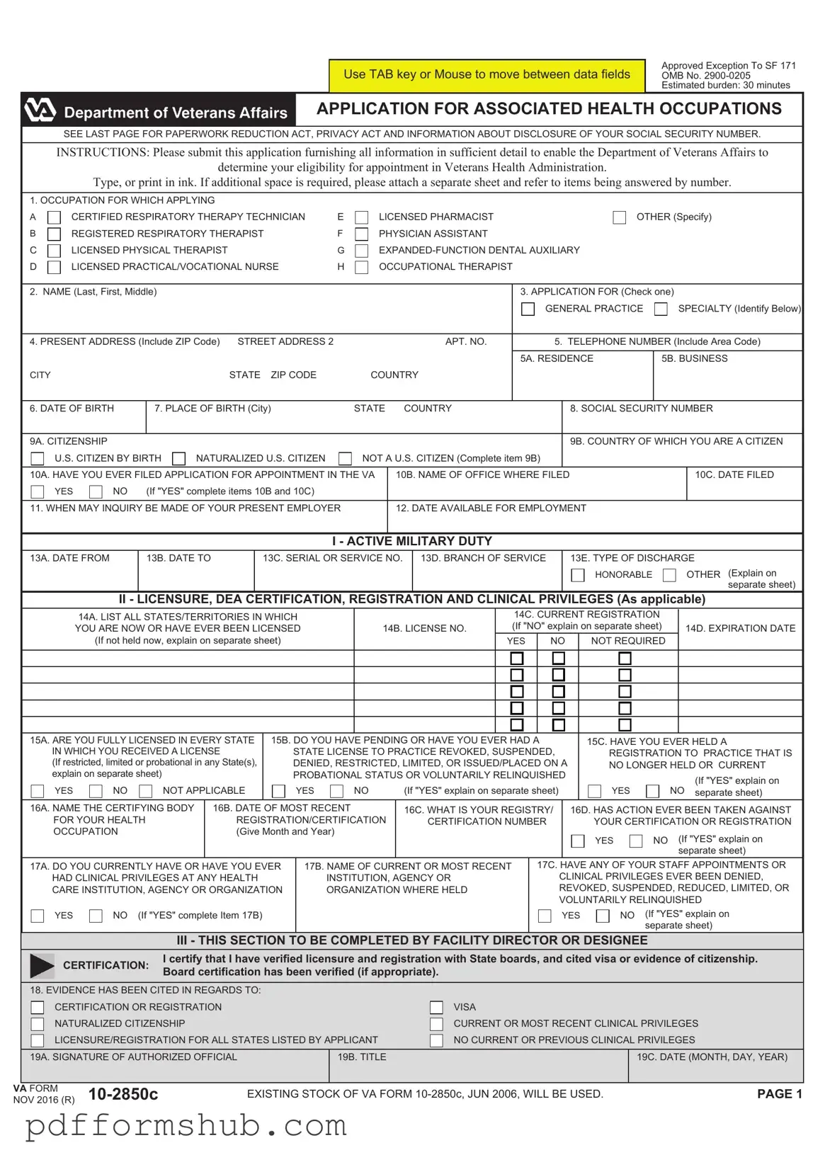 Fill in Your VA 10-2850c Form