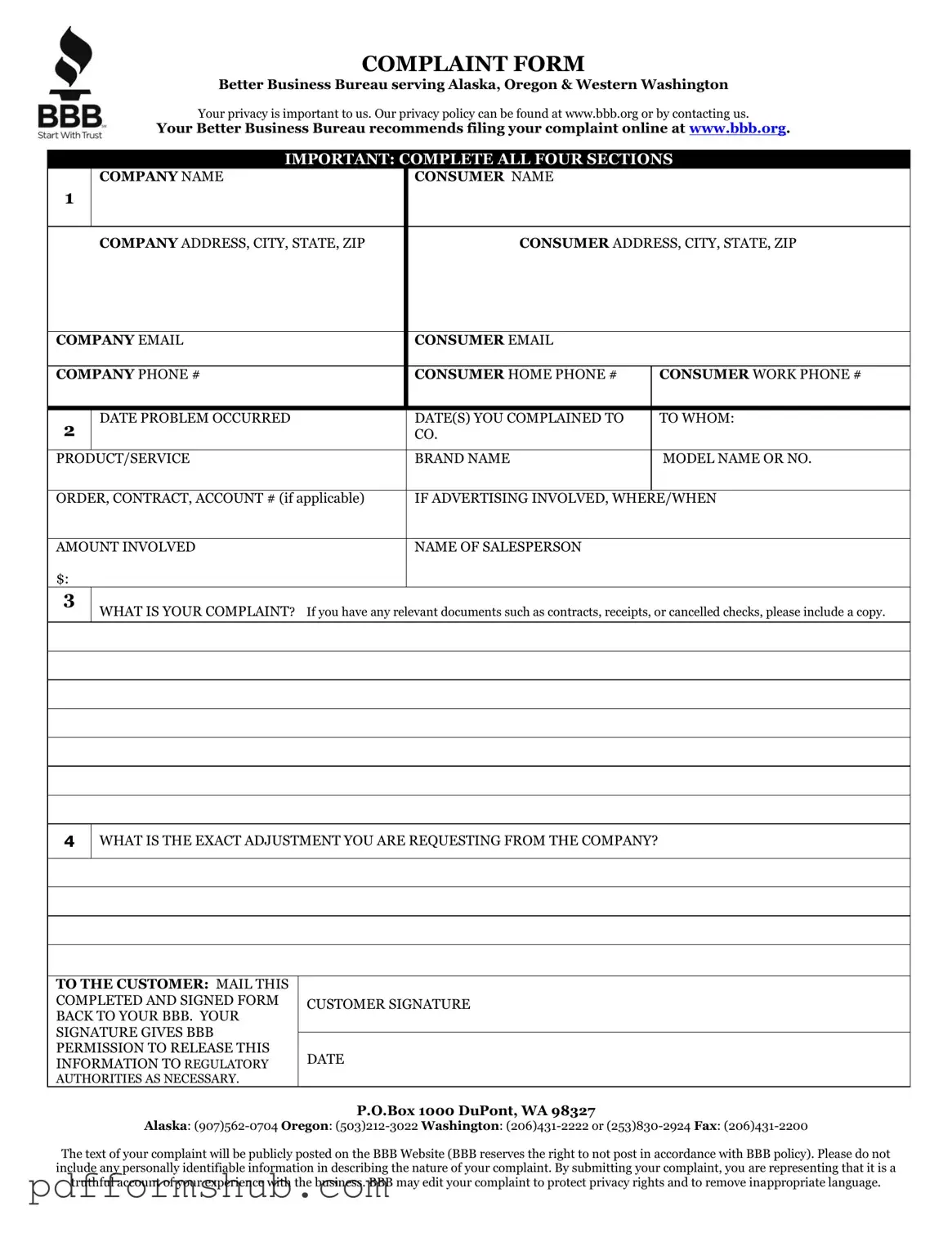 Fill in Your Bbb Complaint Form