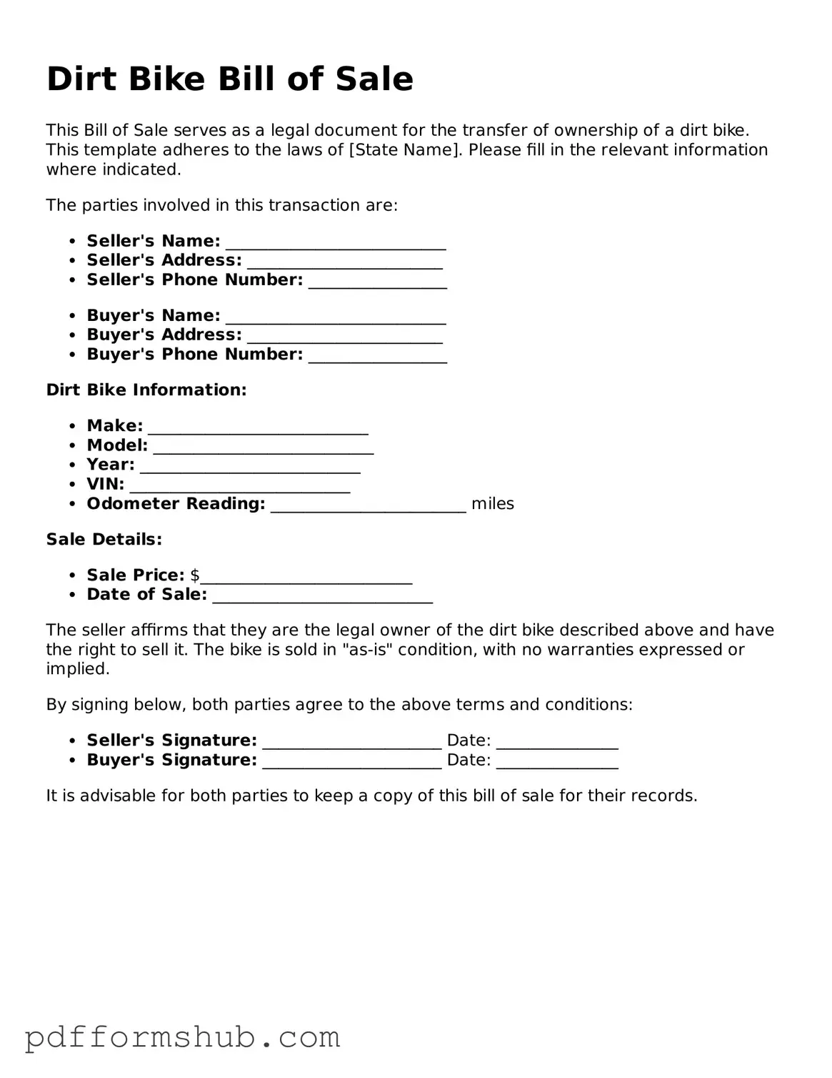 Valid Dirt Bike Bill of Sale Form