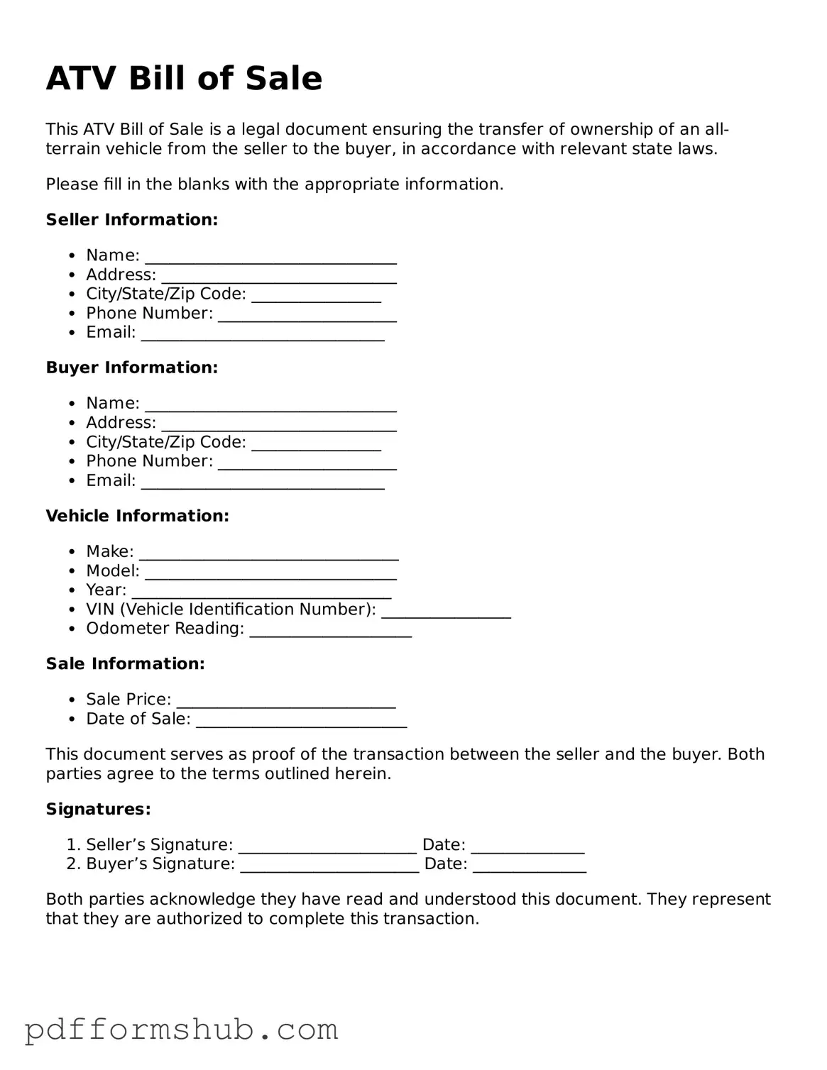Valid ATV Bill of Sale Form