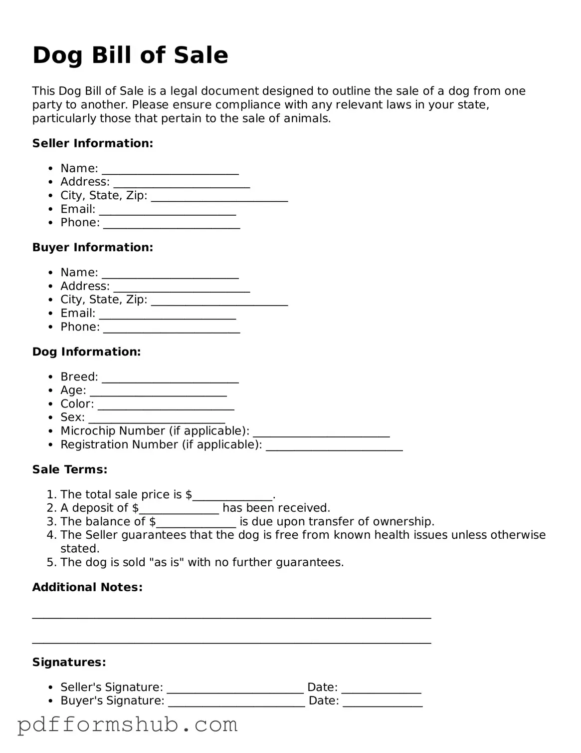 Valid Dog Bill of Sale Form