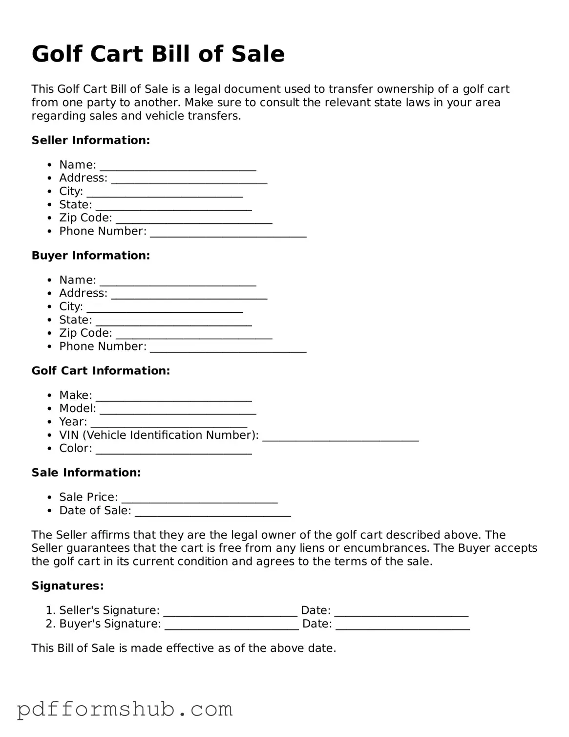 Valid Golf Cart Bill of Sale Form
