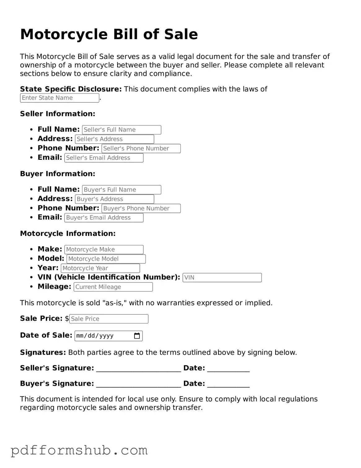 Valid Motorcycle Bill of Sale Form
