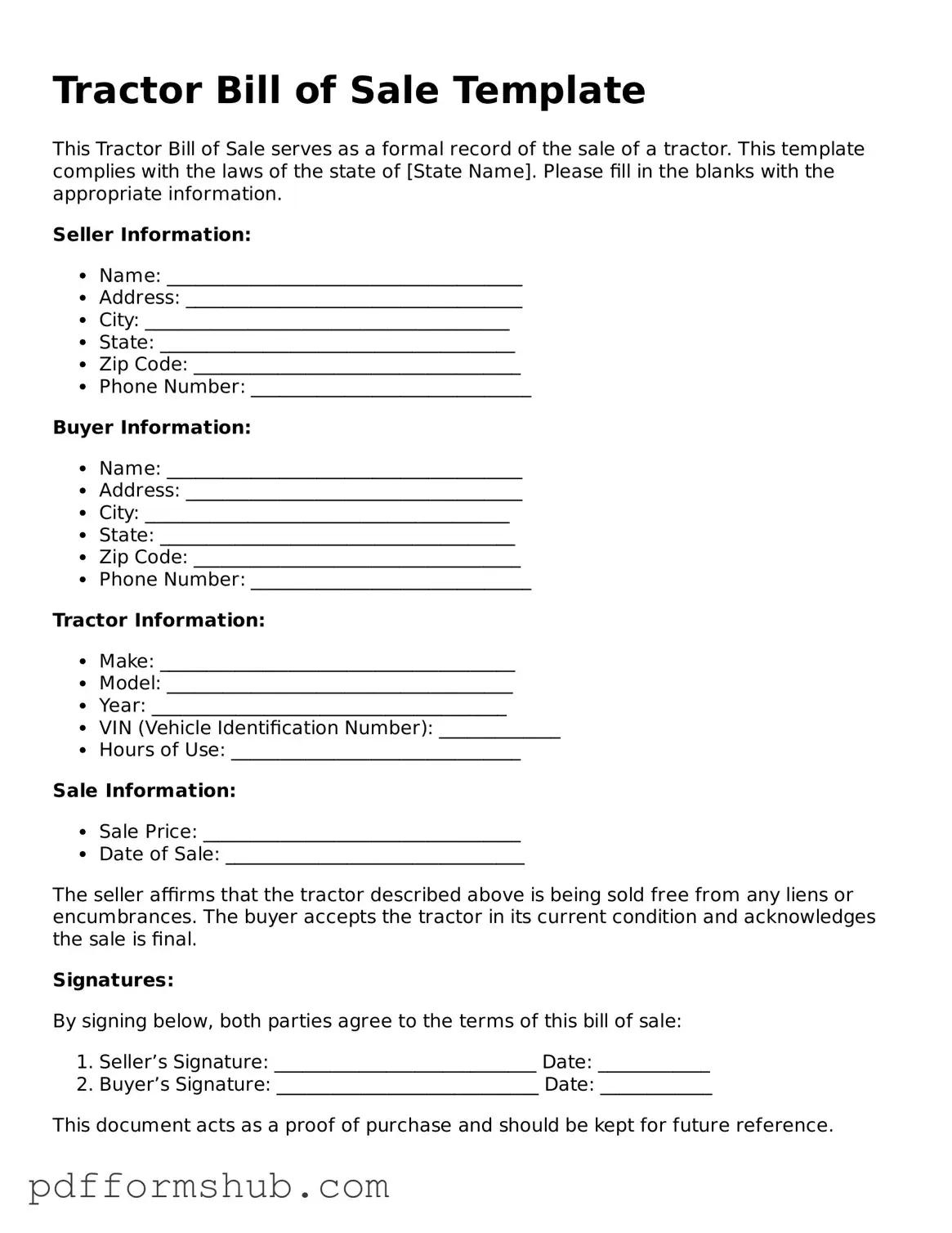 Valid Tractor Bill of Sale Form