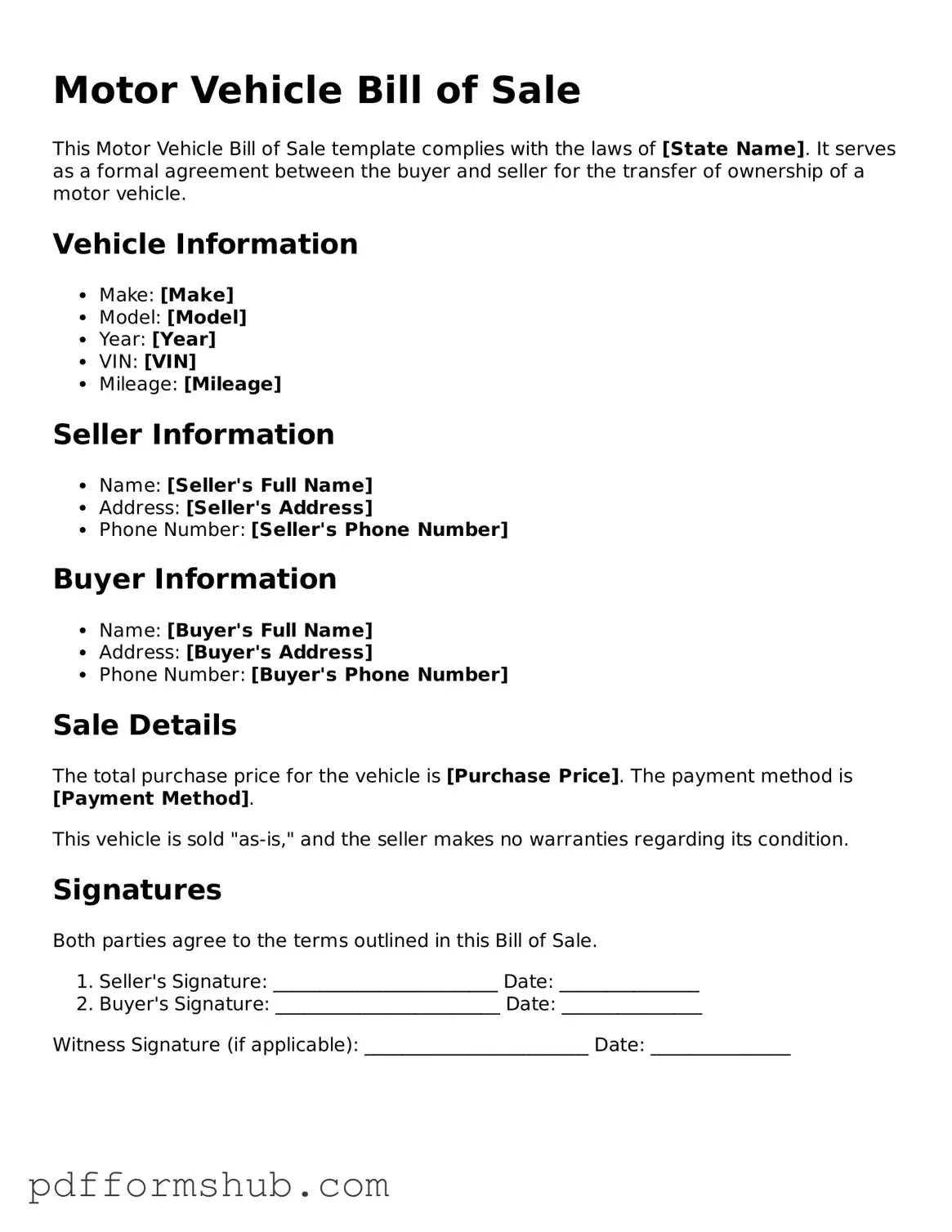 Valid Motor Vehicle Bill of Sale Form