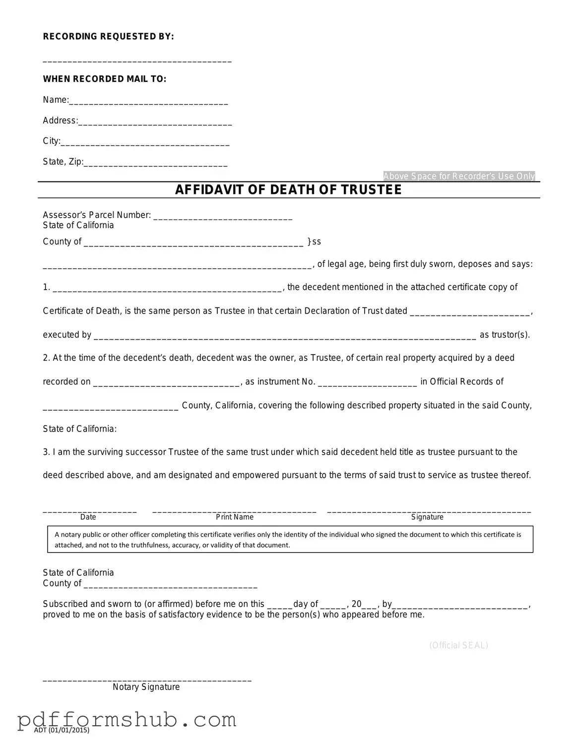 Fill in Your California Affidavit of Death of a Trustee Form
