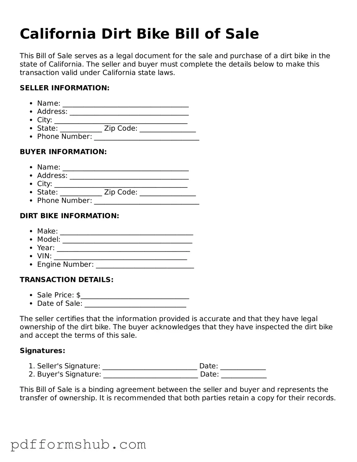 Attorney-Verified Dirt Bike Bill of Sale Form for California State