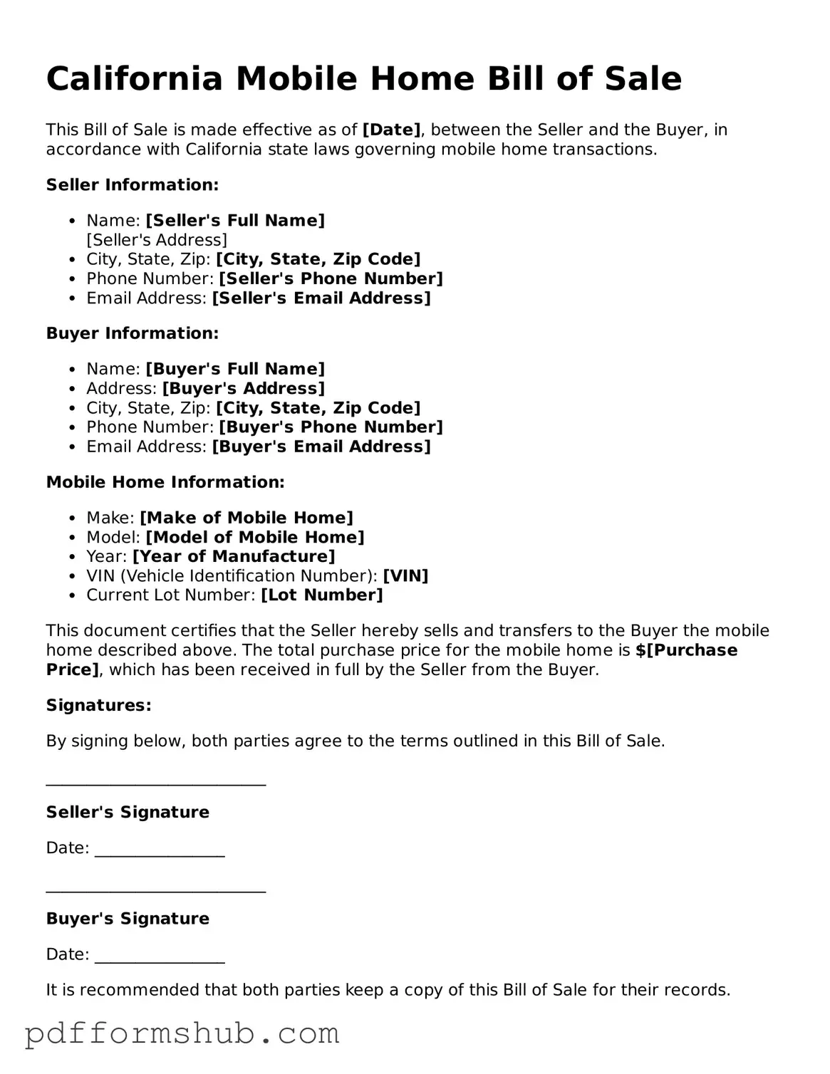 Attorney-Verified Mobile Home Bill of Sale Form for California State