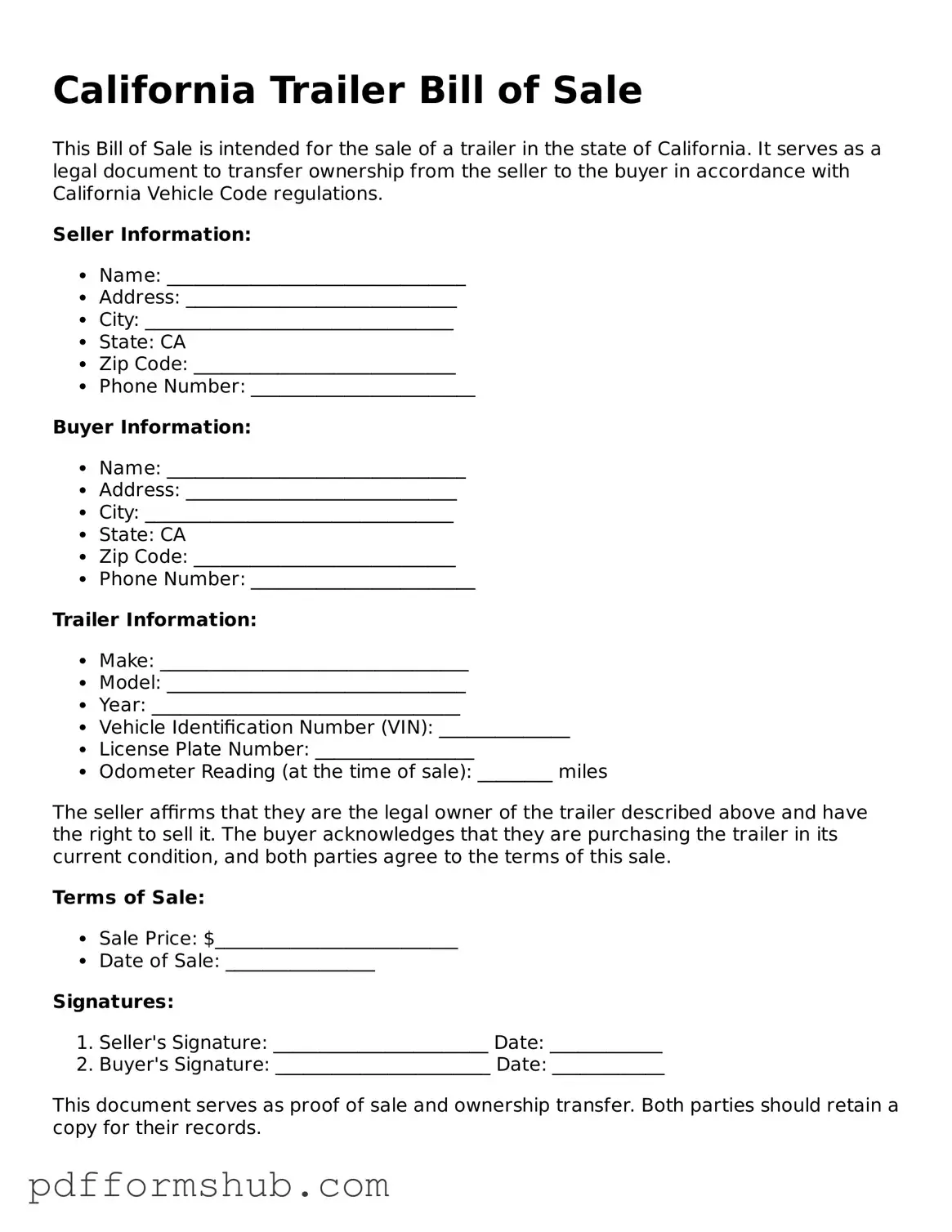 Attorney-Verified Trailer Bill of Sale Form for California State