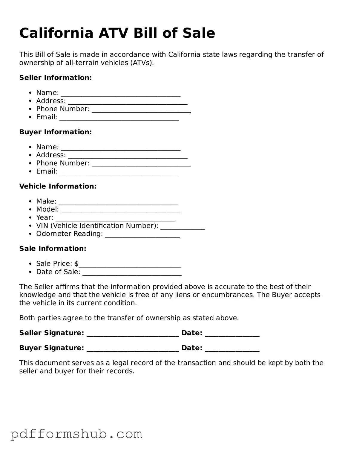 Attorney-Verified ATV Bill of Sale Form for California State