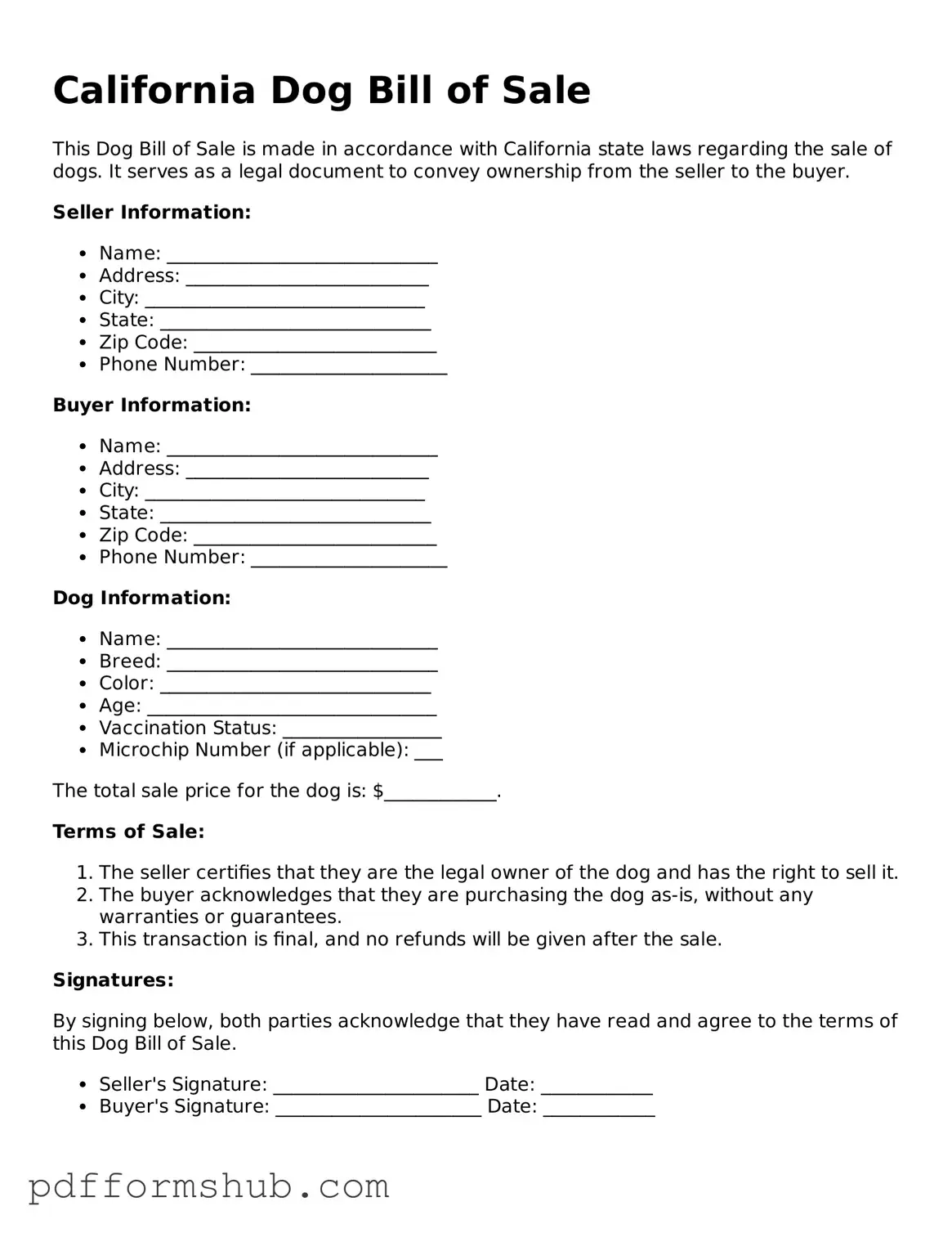 Attorney-Verified Dog Bill of Sale Form for California State