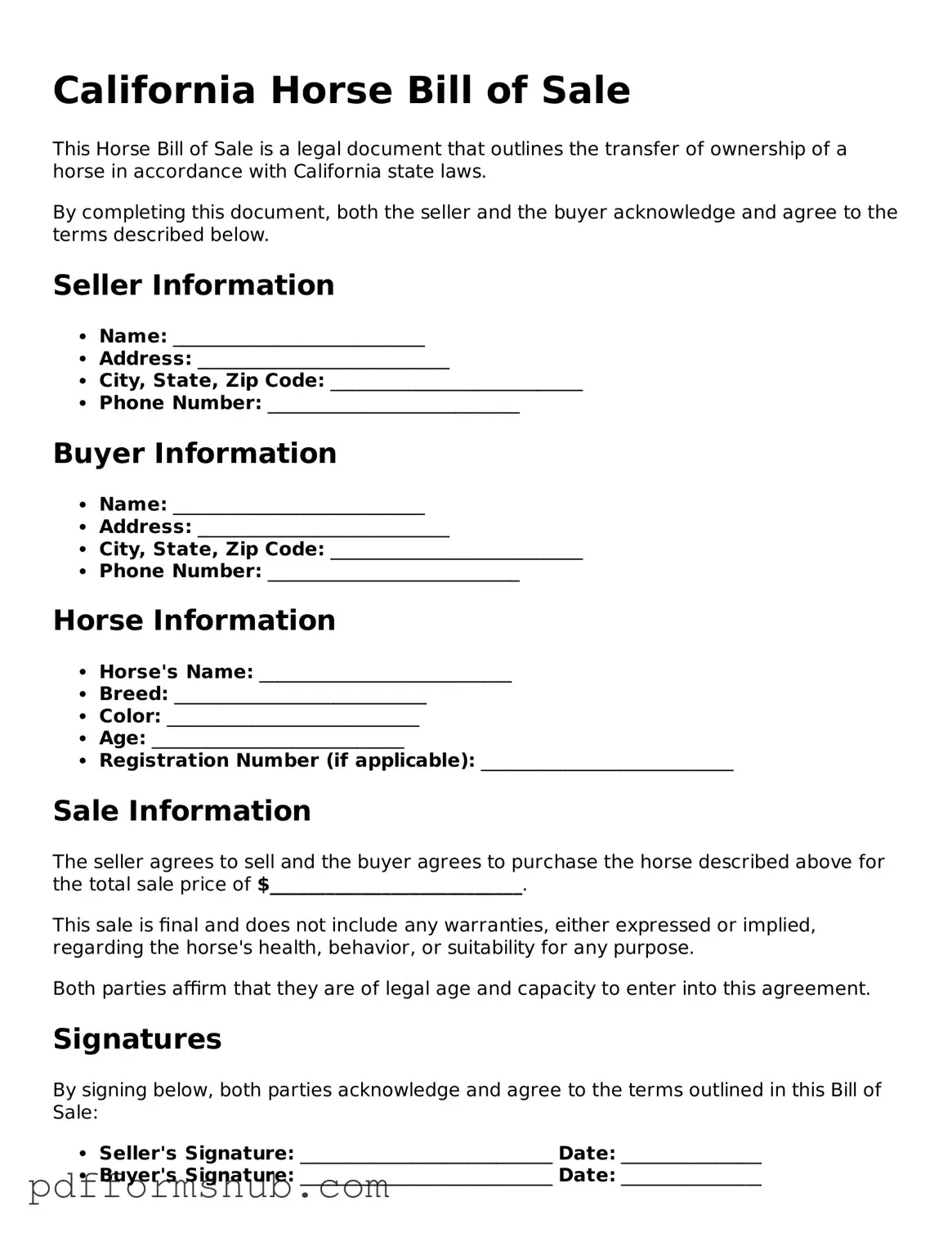 Attorney-Verified Horse Bill of Sale Form for California State