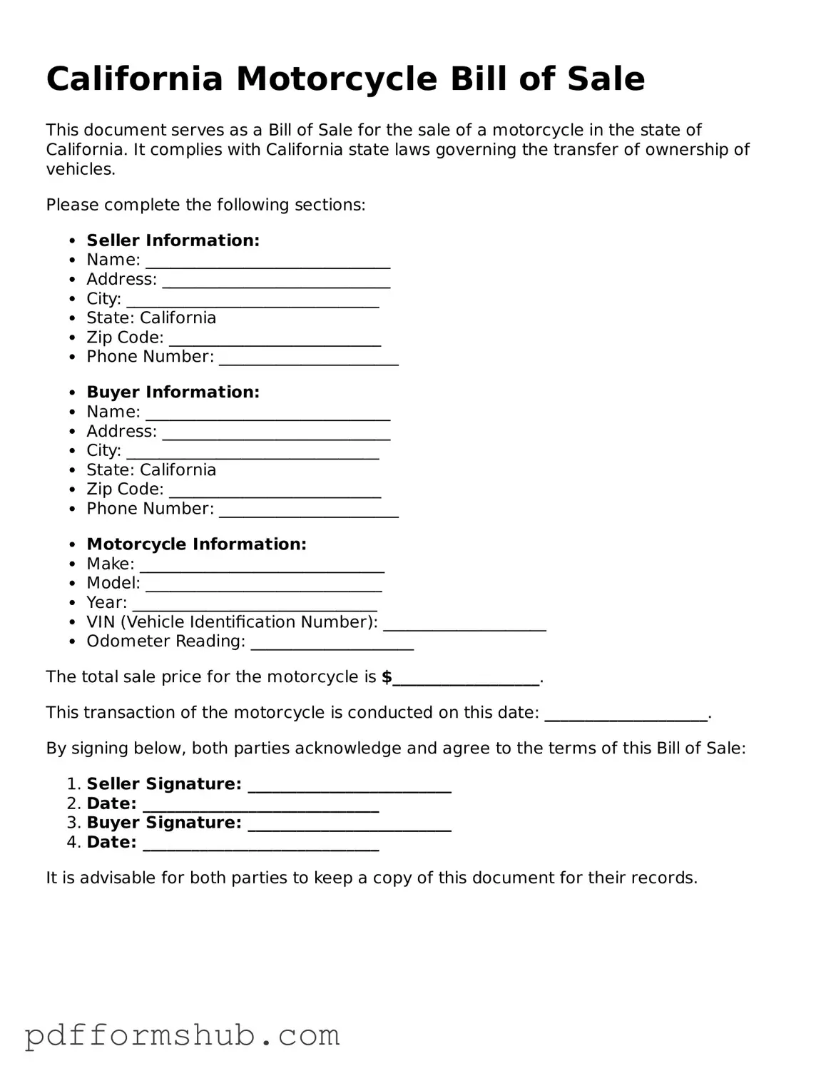 Attorney-Verified Motorcycle Bill of Sale Form for California State