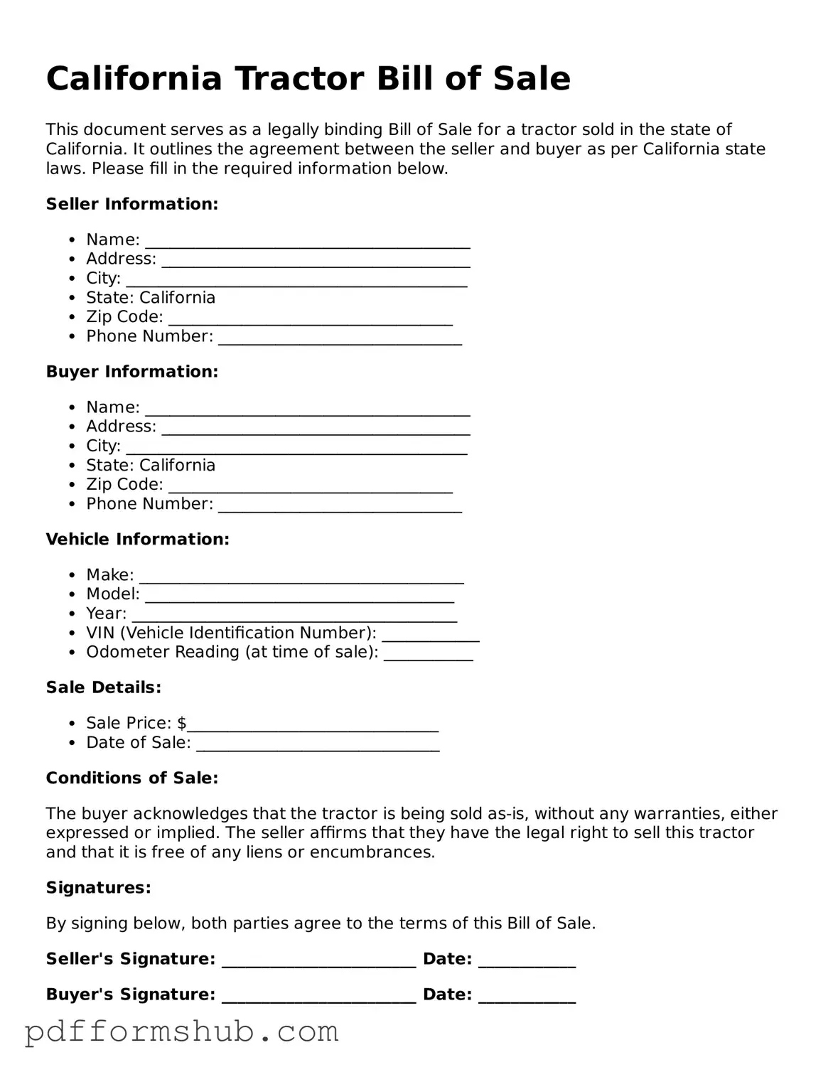 Attorney-Verified Tractor Bill of Sale Form for California State