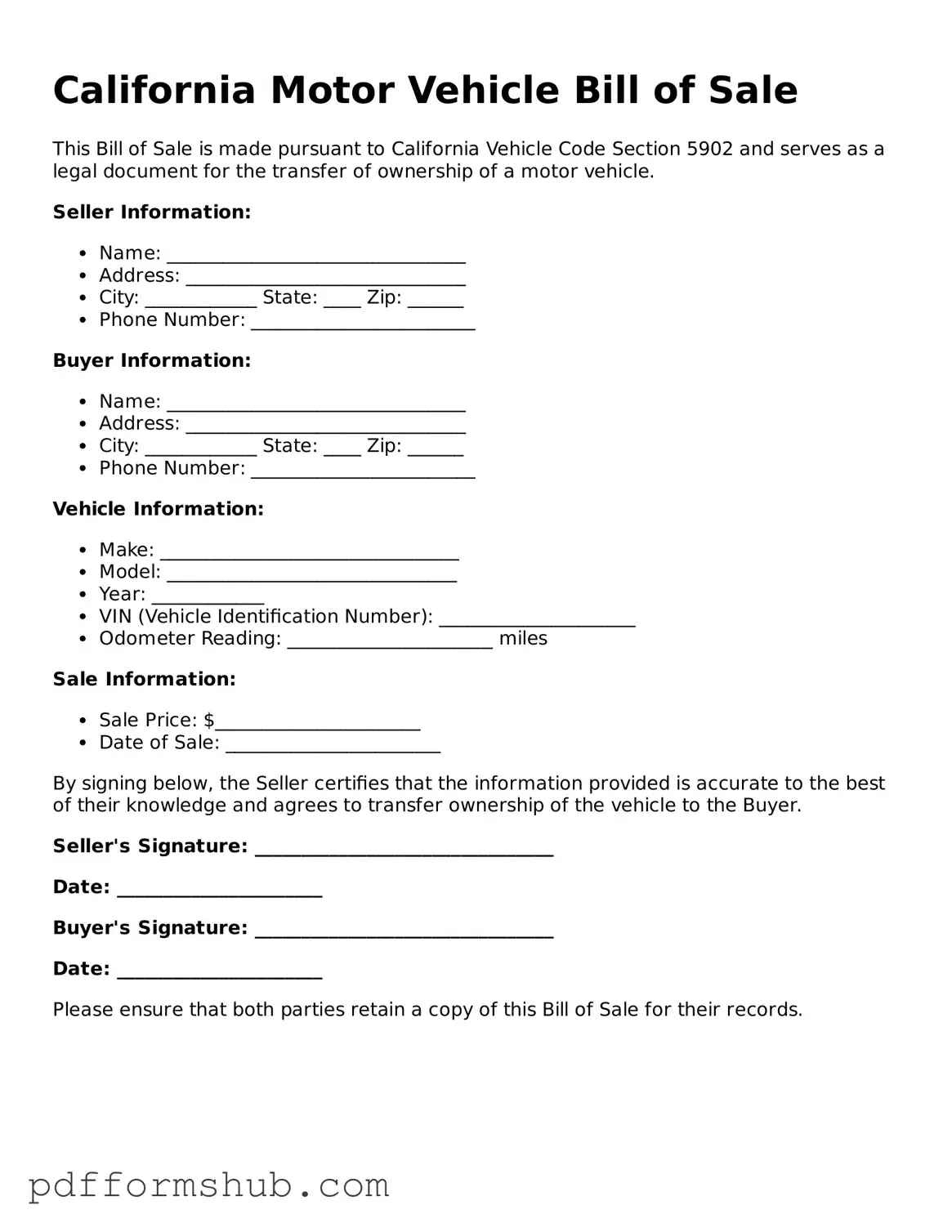 Attorney-Verified Motor Vehicle Bill of Sale Form for California State