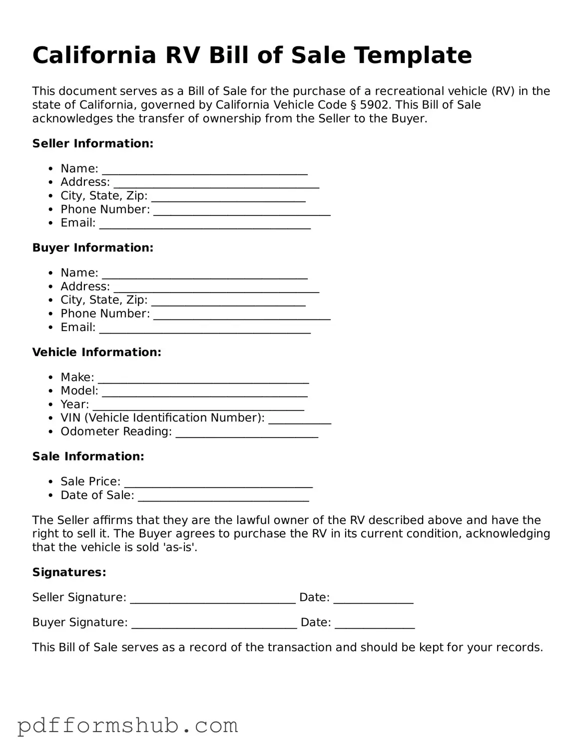 Attorney-Verified RV Bill of Sale Form for California State