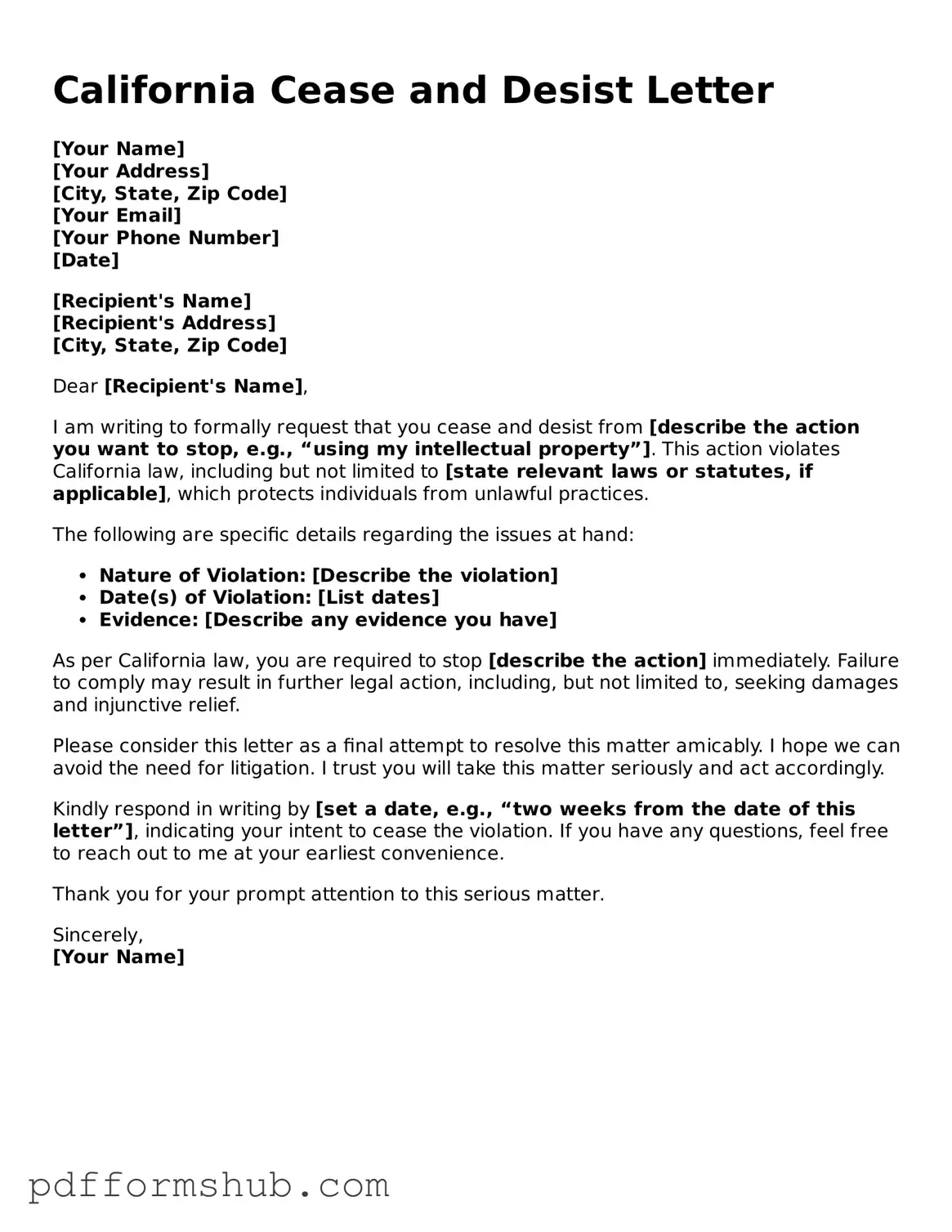 Attorney-Verified Cease and Desist Letter Form for California State