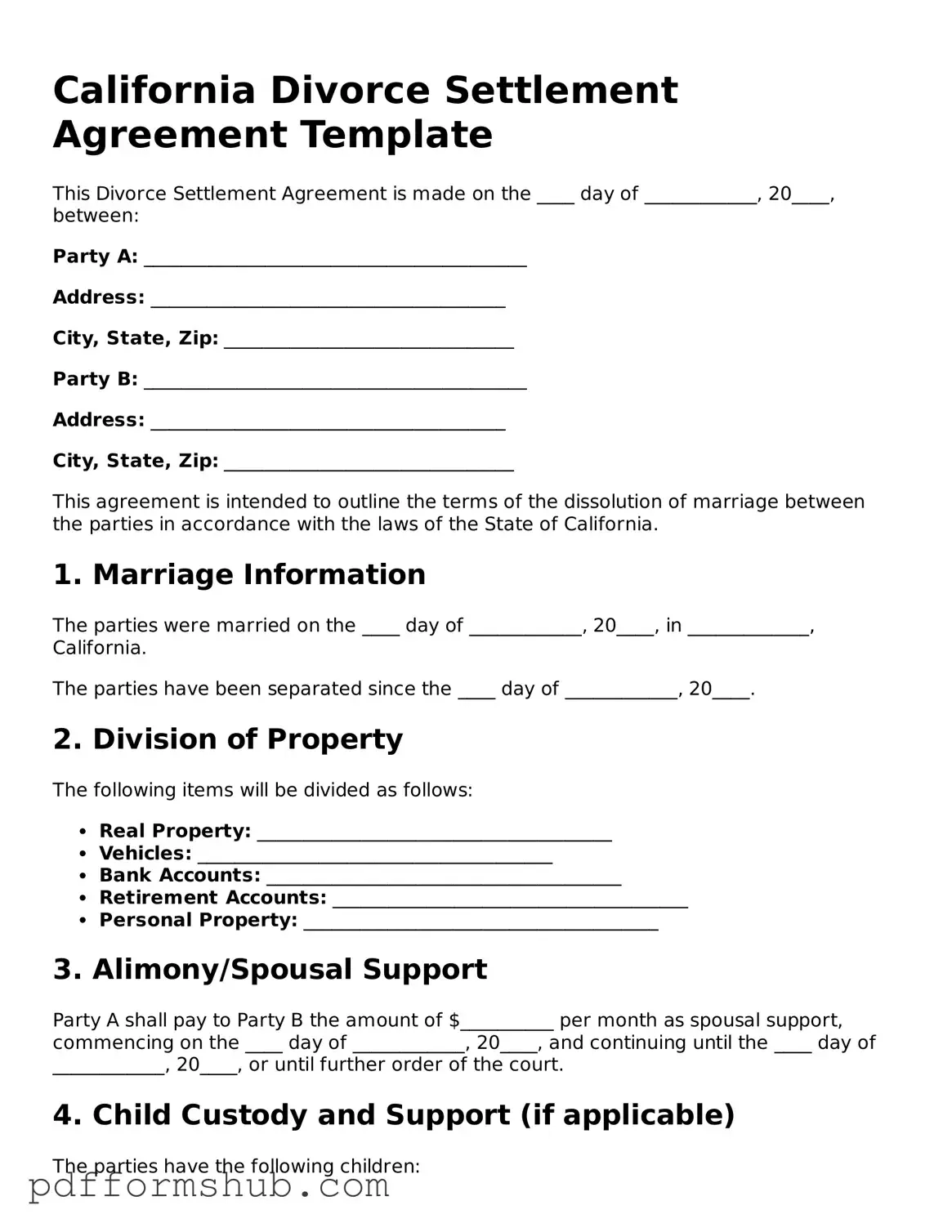 Attorney-Verified Divorce Settlement Agreement Form for California State