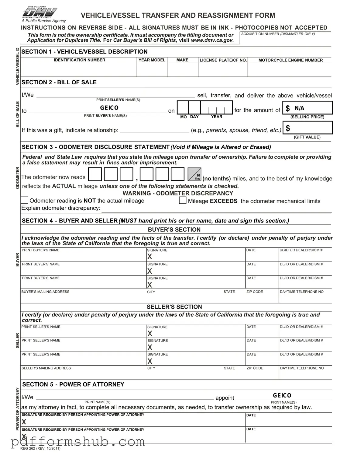 Fill in Your California Fotm Reg 262 Form