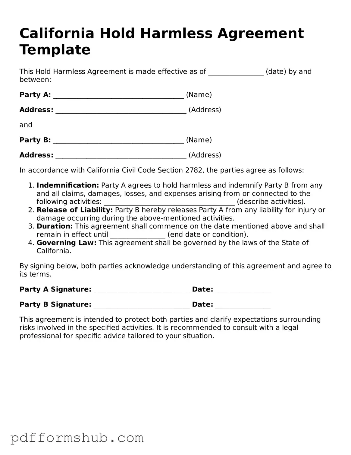 Attorney-Verified Hold Harmless Agreement Form for California State