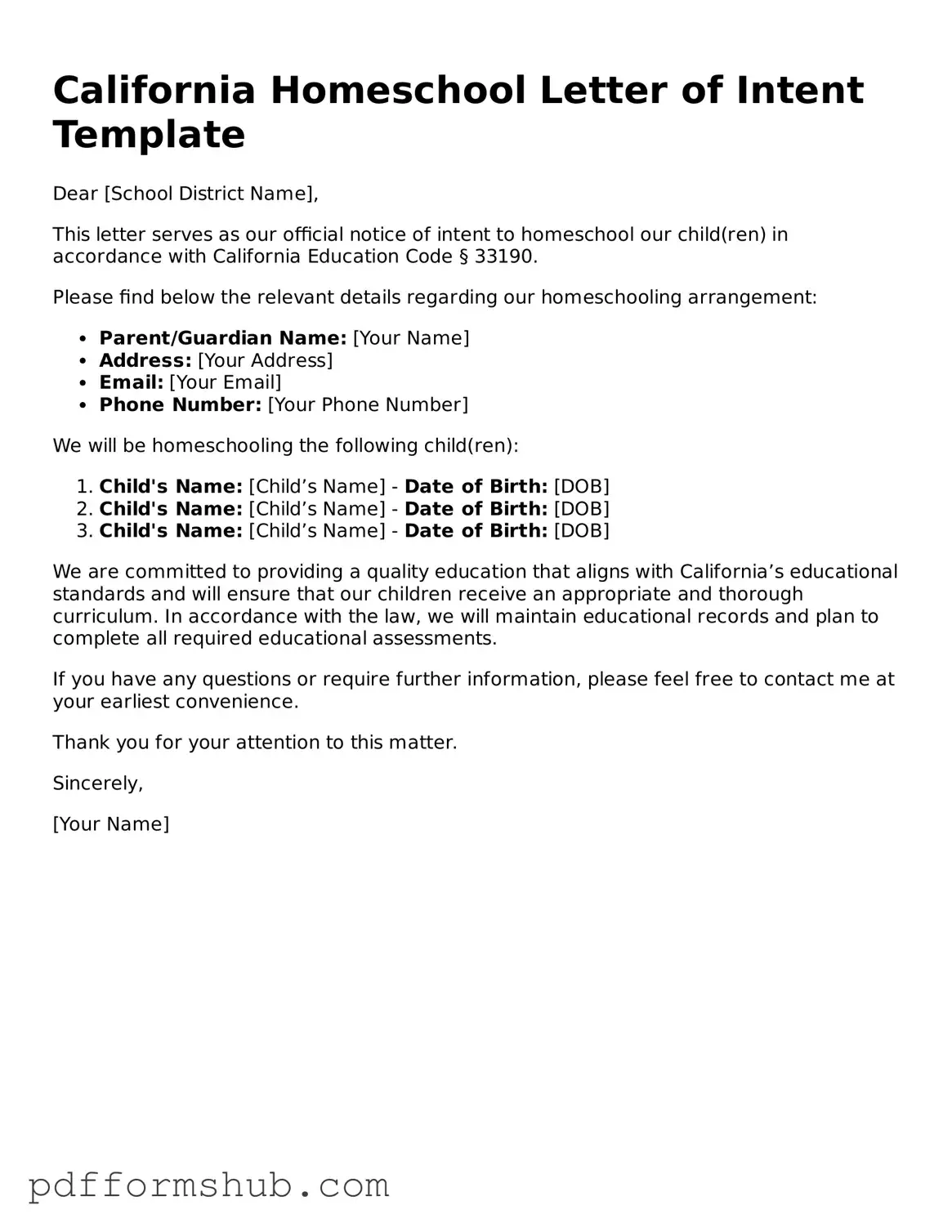 Attorney-Verified Homeschool Letter of Intent Form for California State