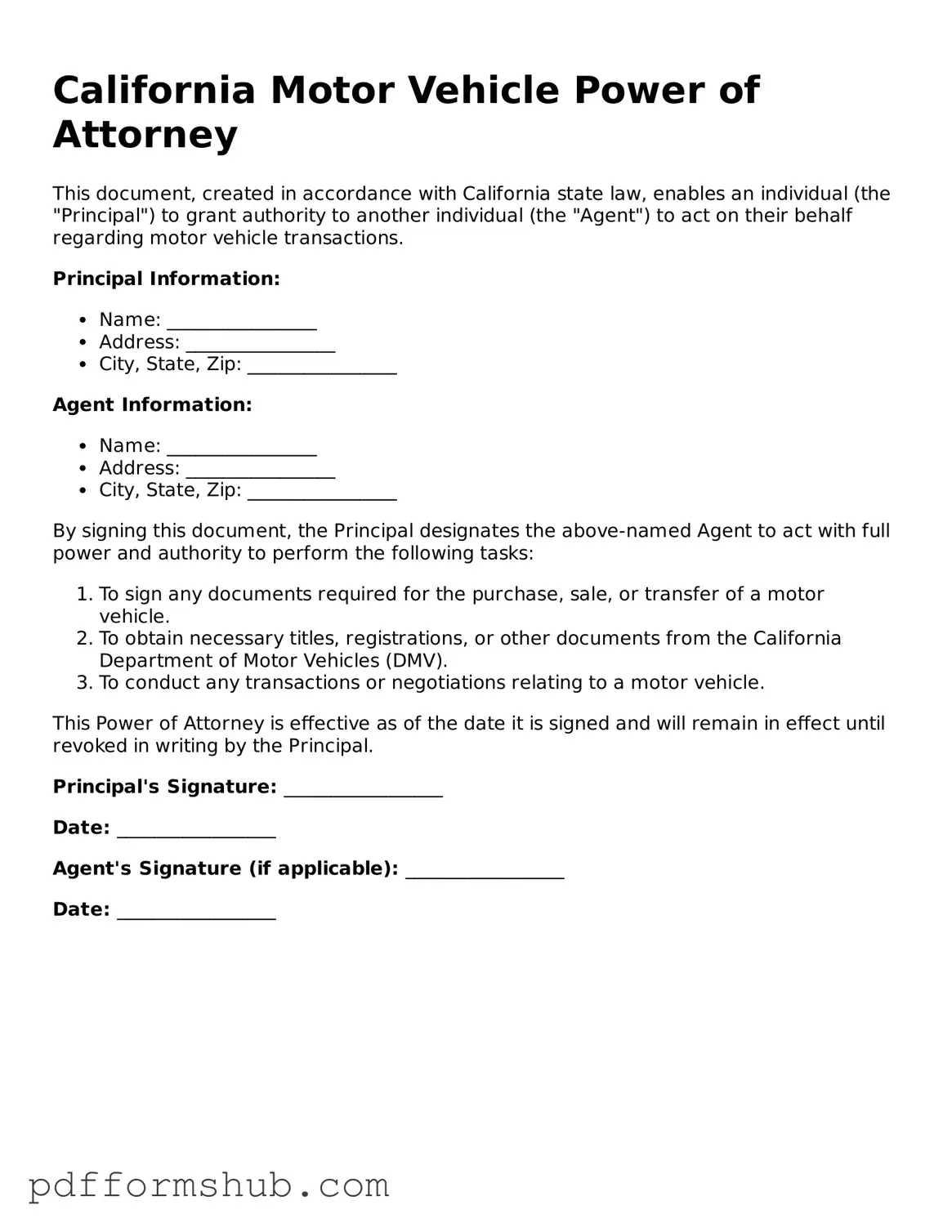 Attorney-Verified Motor Vehicle Power of Attorney Form for California State