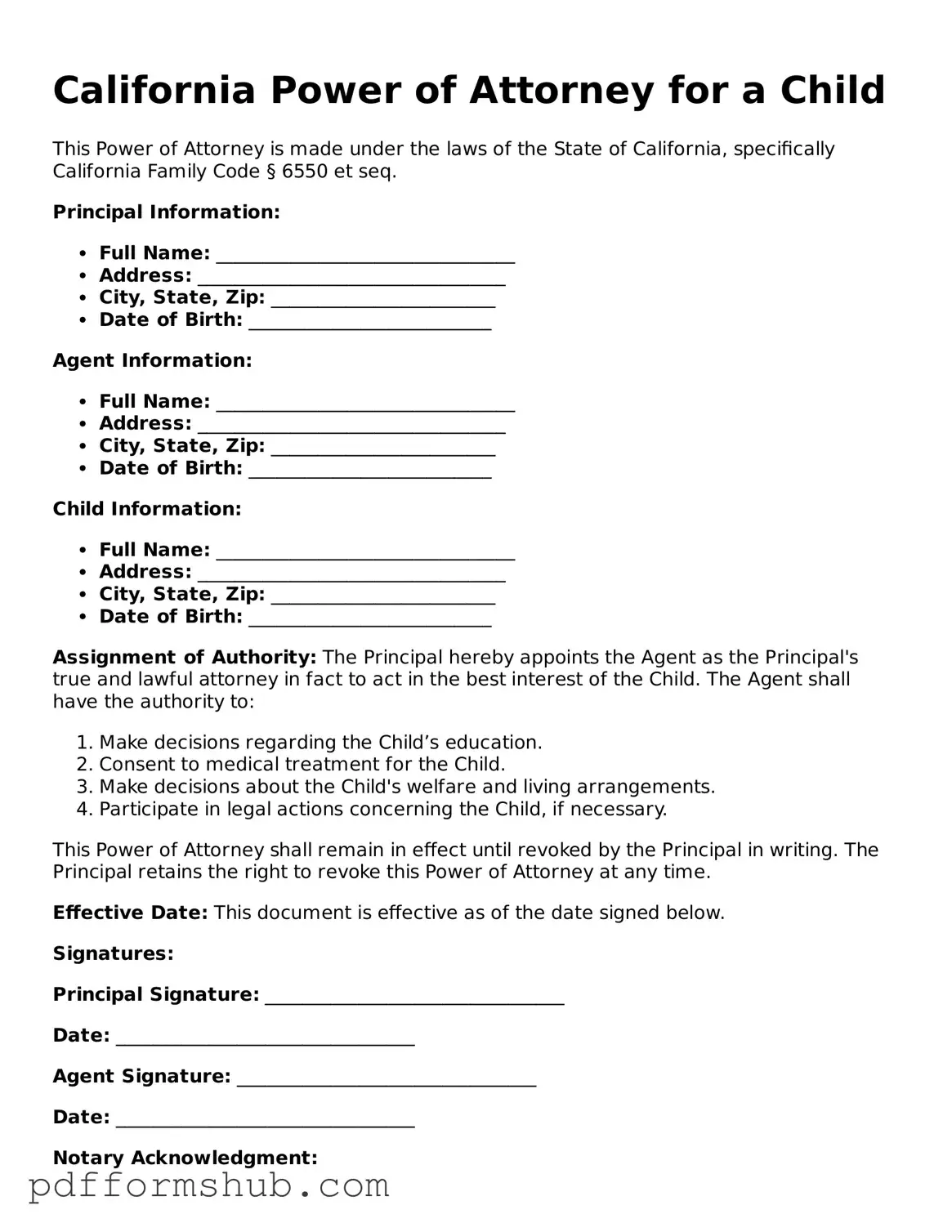 Attorney-Verified Power of Attorney for a Child Form for California State