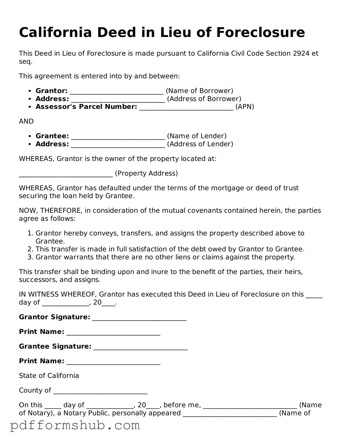 Attorney-Verified Deed in Lieu of Foreclosure Form for California State