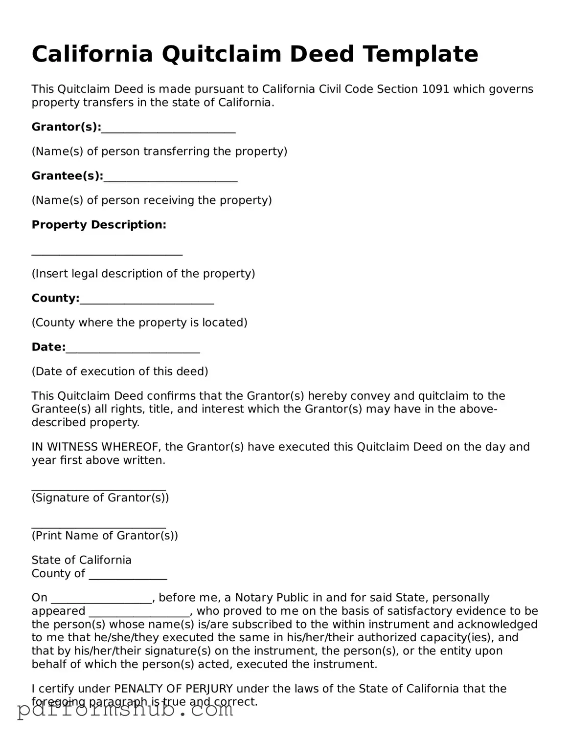 Attorney-Verified Quitclaim Deed Form for California State