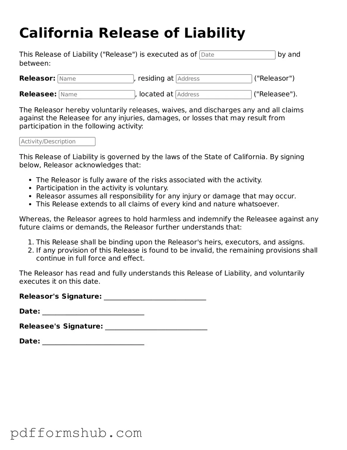 Attorney-Verified Release of Liability Form for California State