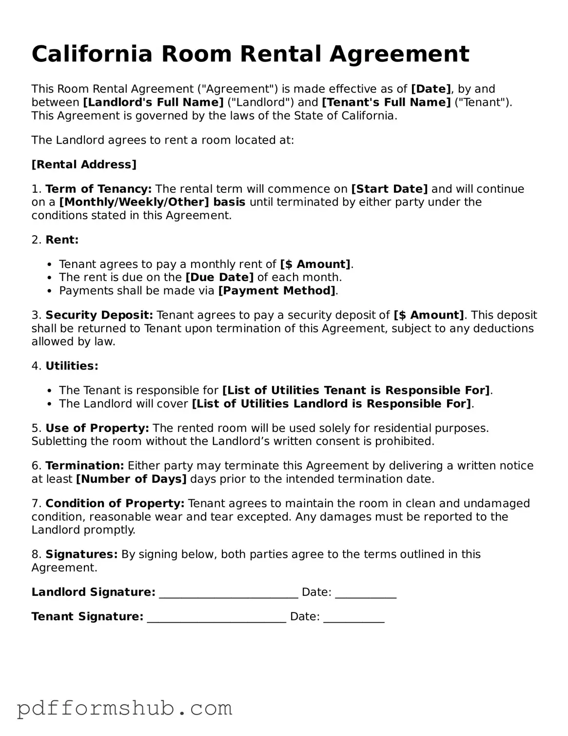 Attorney-Verified Room Rental Agreement Form for California State