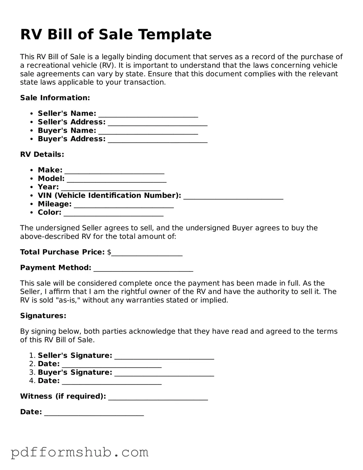 Valid RV Bill of Sale Form