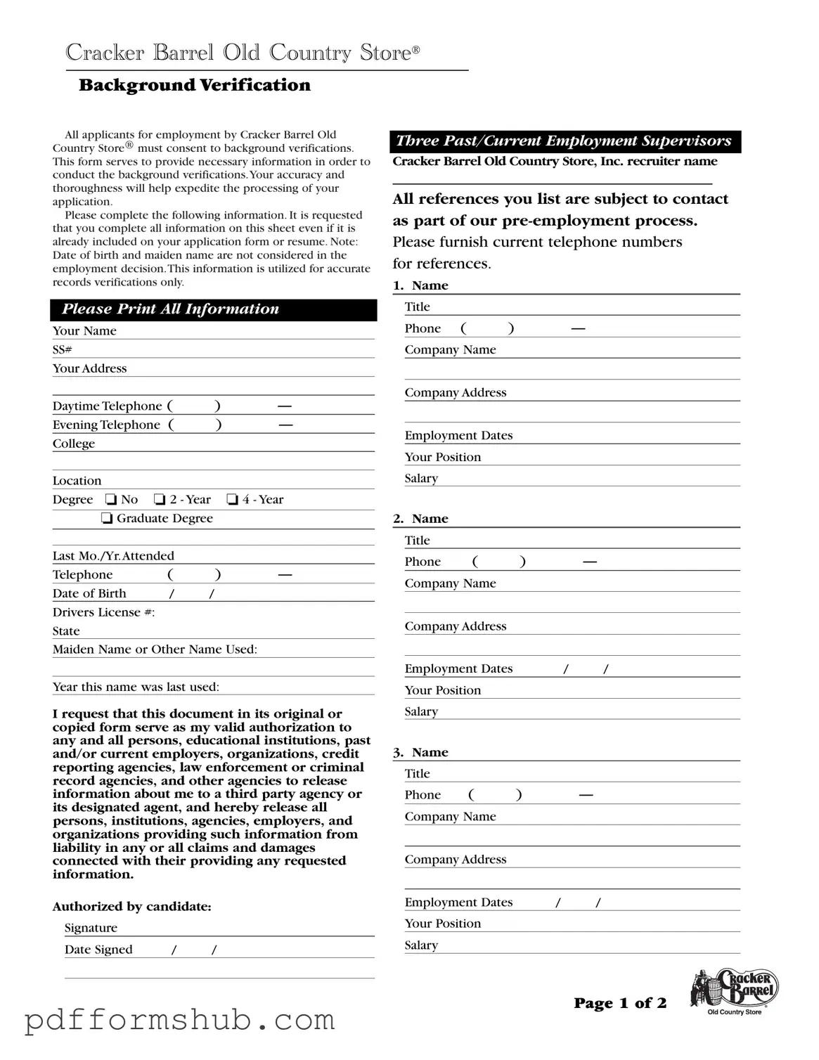 Fill in Your Cracker Barrel Background Check Form