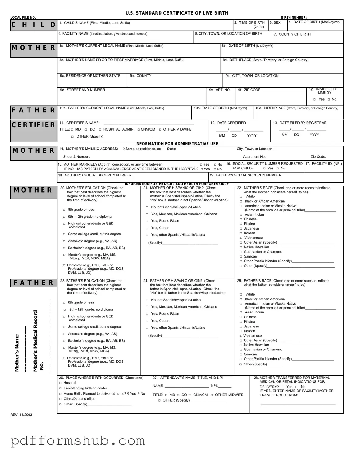Fill in Your CDC U.S. Standard Certificate of Live Birth Form