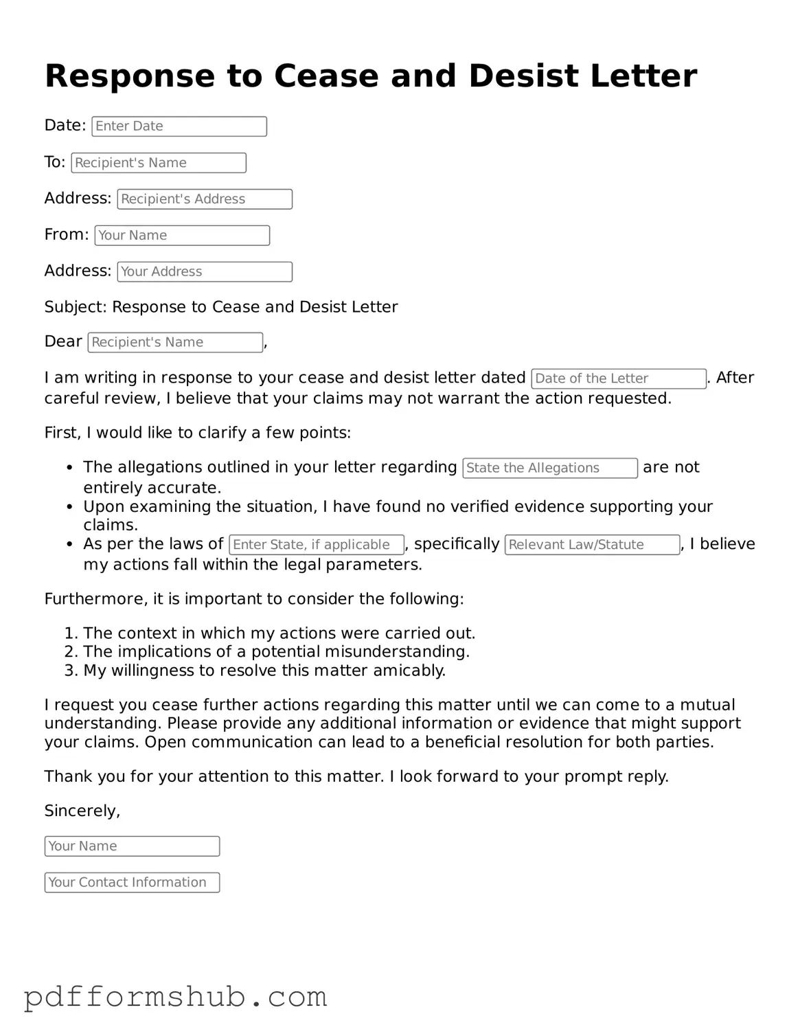 Valid Response to a Cease and Desist Letter Form