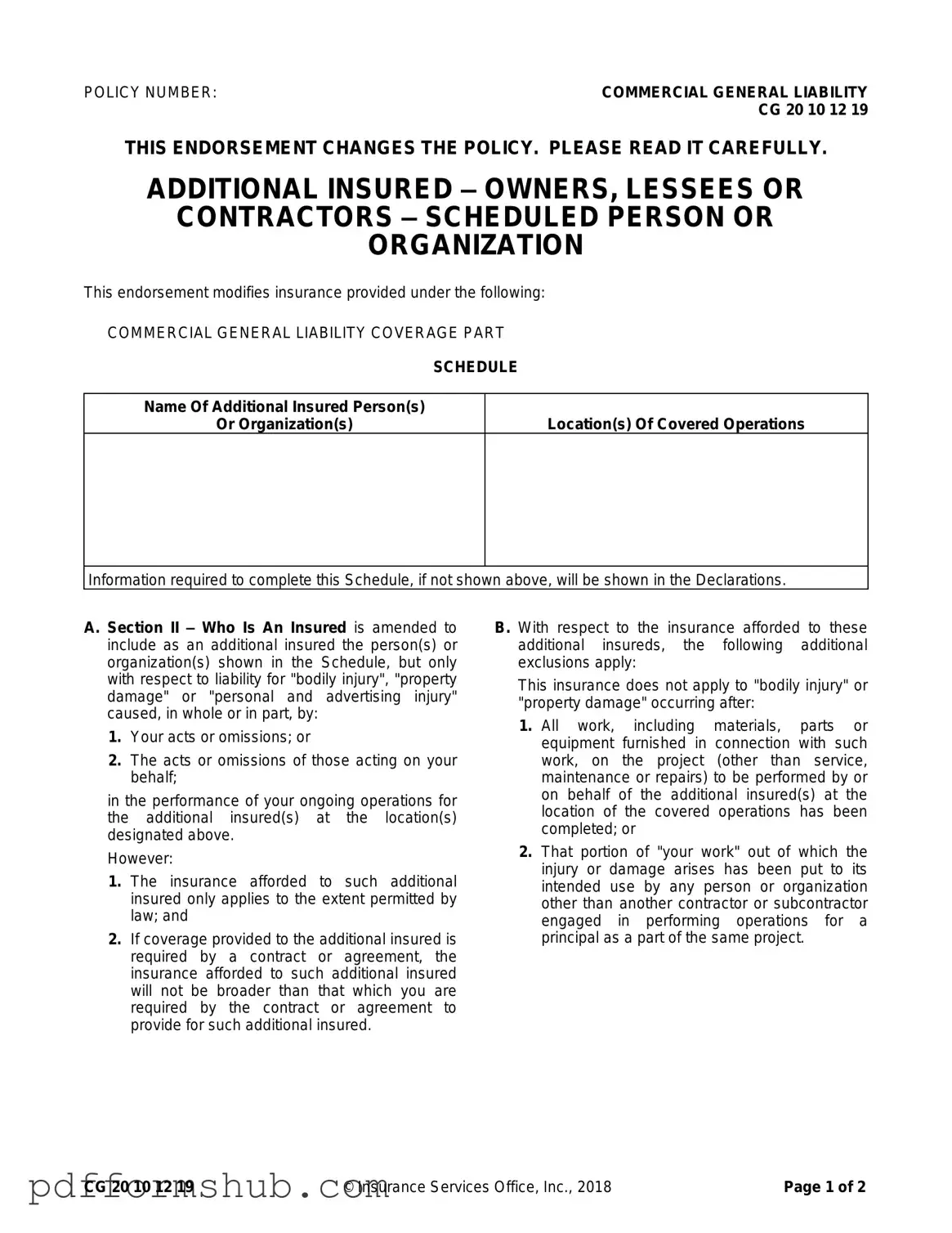 Fill in Your Cg 20 10 07 04 Liability Endorsement Form