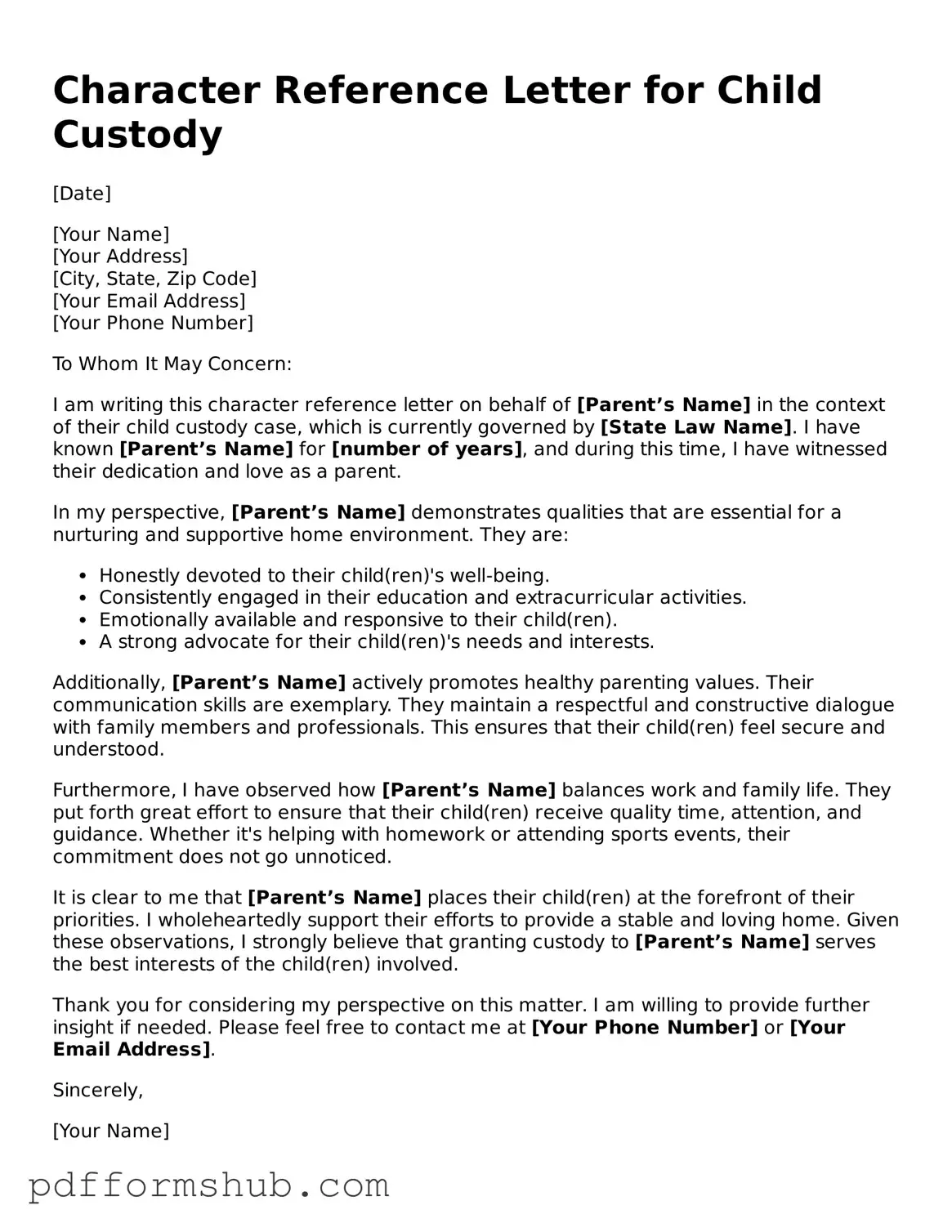 Valid Character Reference Letter for Child Custody Form