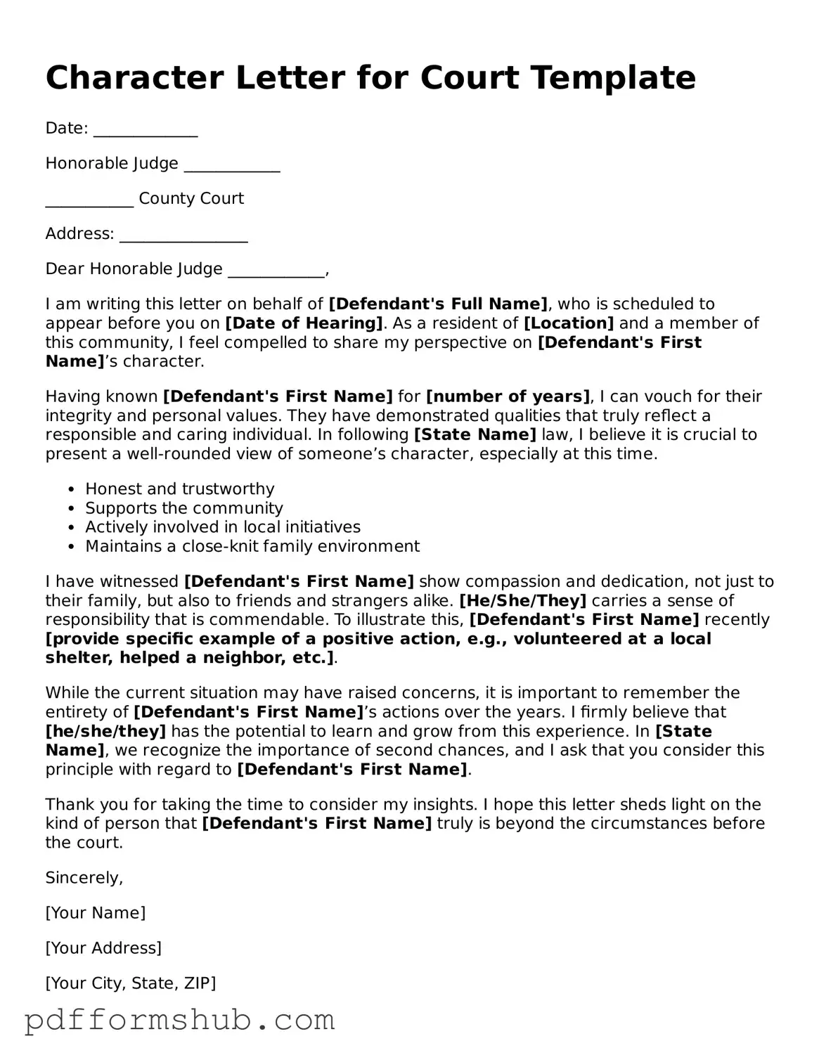 Valid Character Letter for Court Form