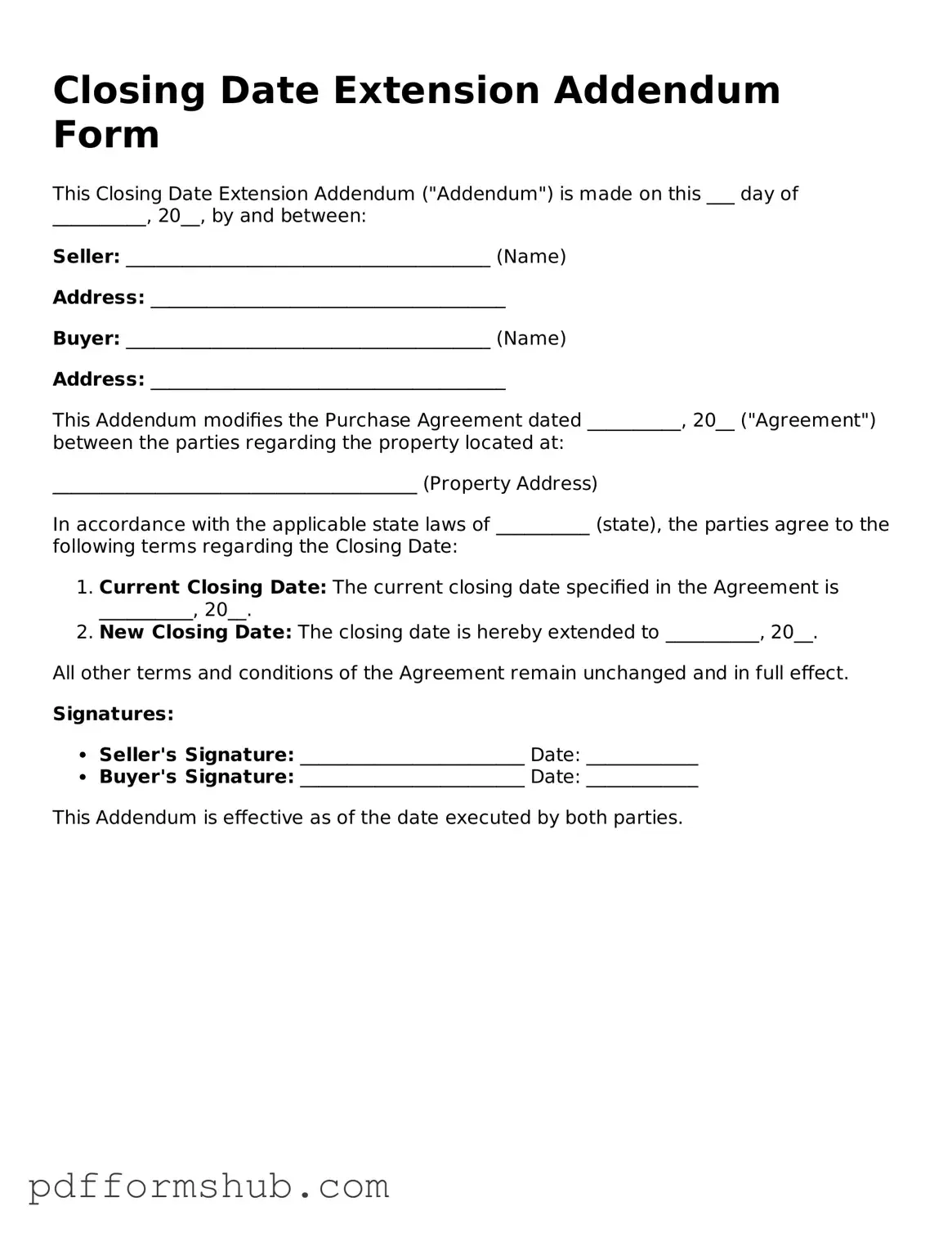 Valid Closing Date Extension Addendum Form Form