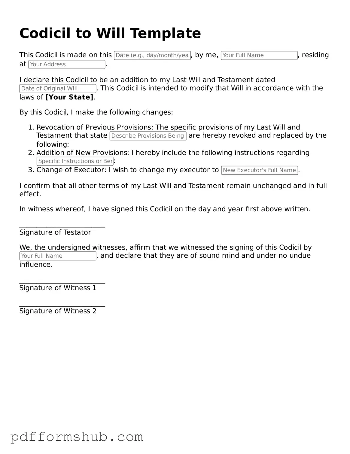 Valid Codicil to Will Form