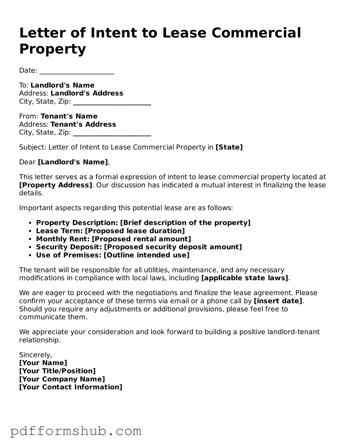 Valid Letter of Intent to Lease Commercial Property Form