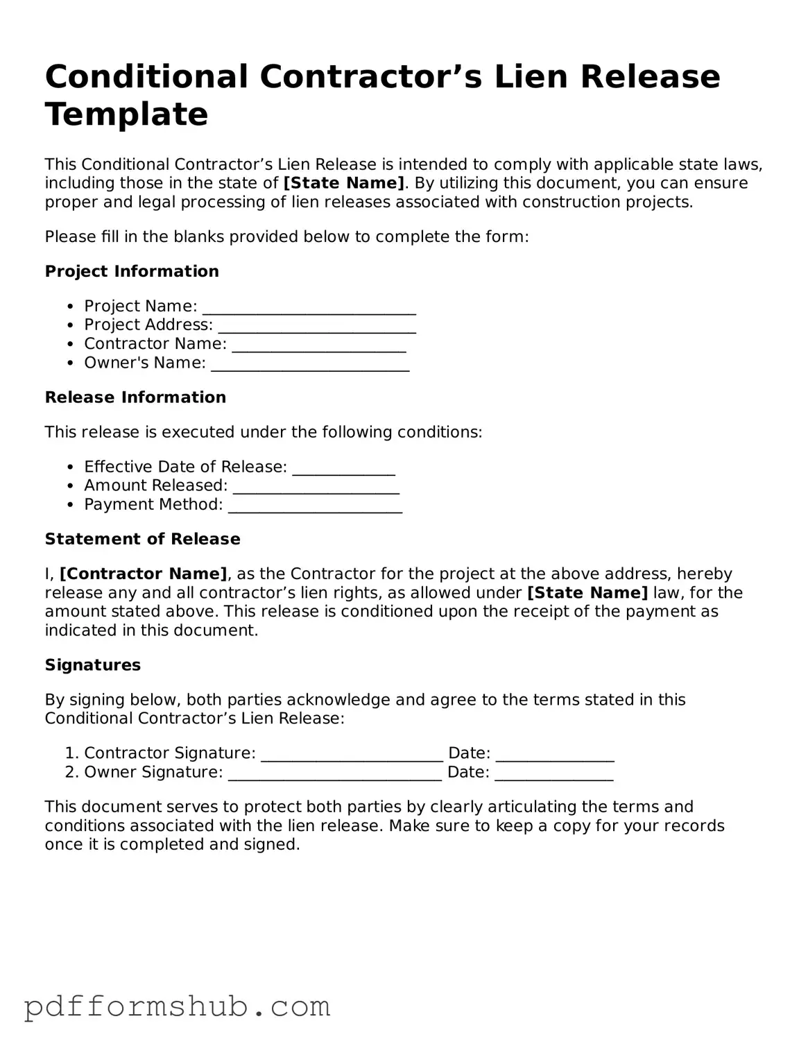 Valid Conditional Contractor’s Lien Release Form