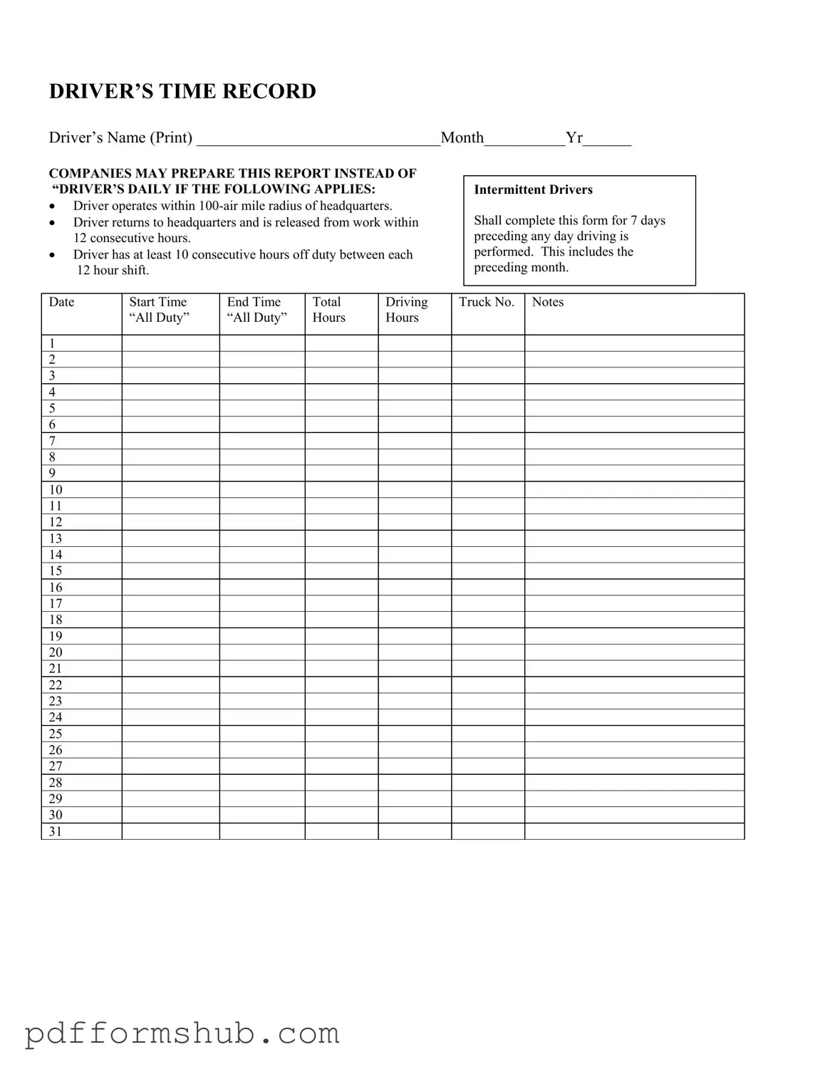 Fill in Your Driver Time Record Form