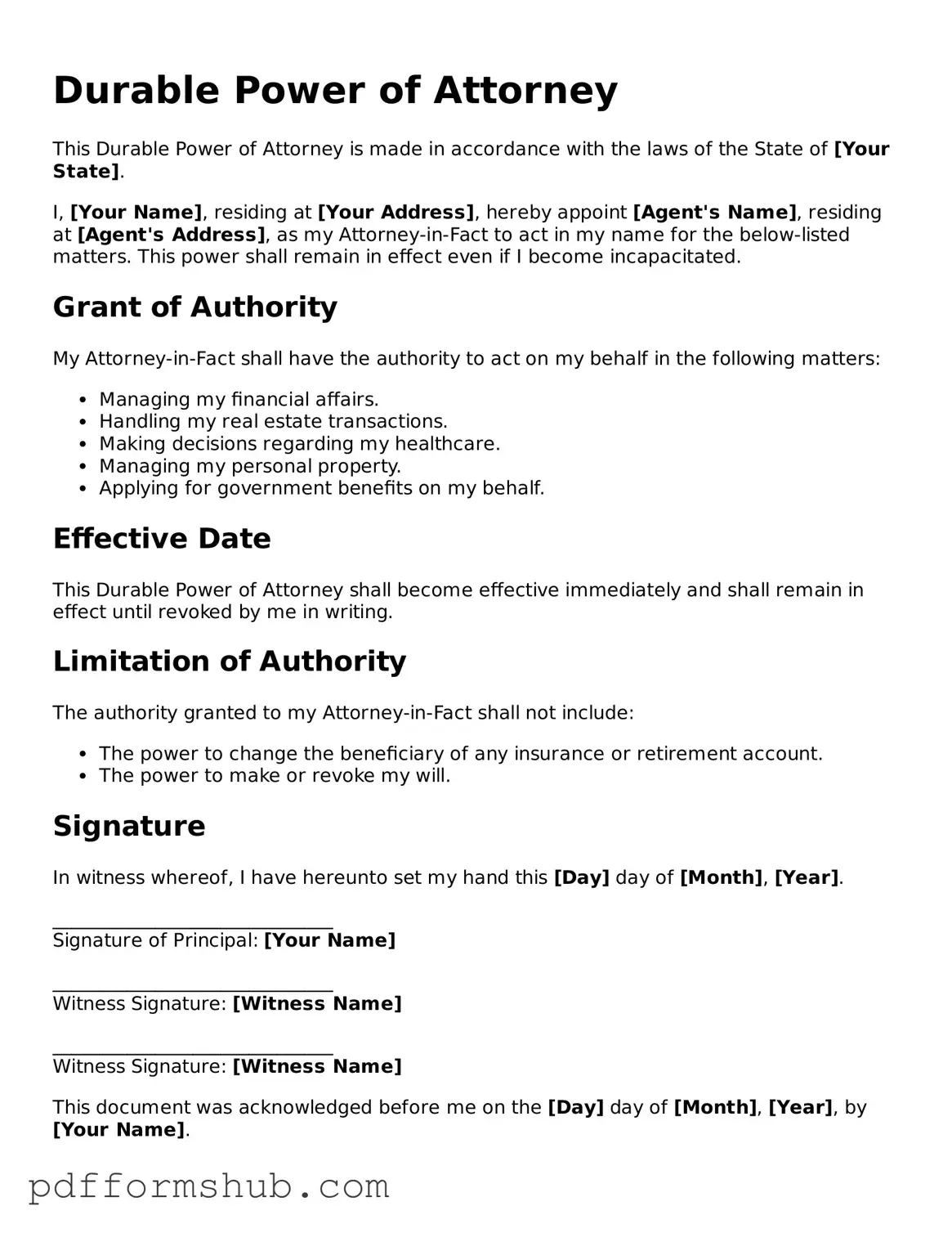 Valid Durable Power of Attorney Form